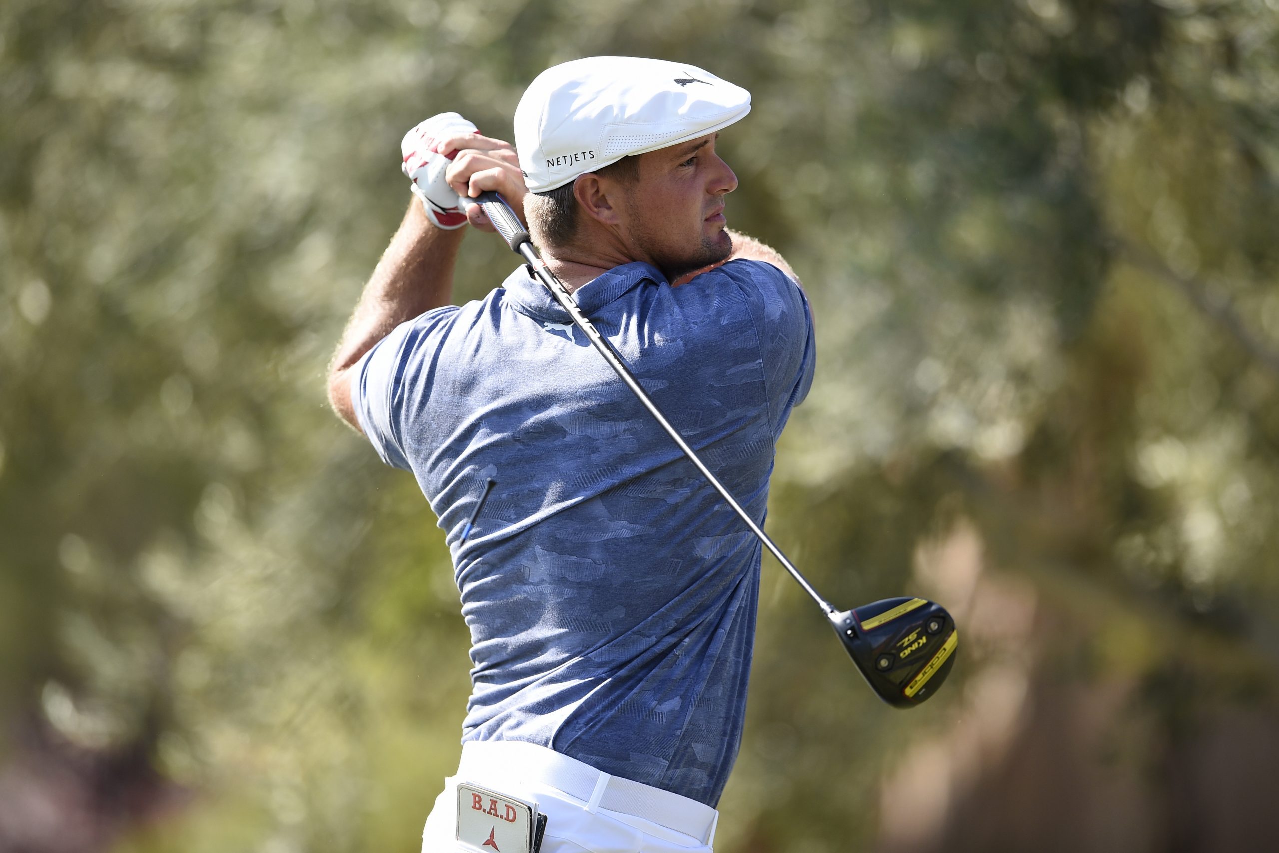 Bryson DeChambeau tees off on the ninth hole during the final round of the Shriners Hospitals for Children Open golf tournament at TPC Summerlin.