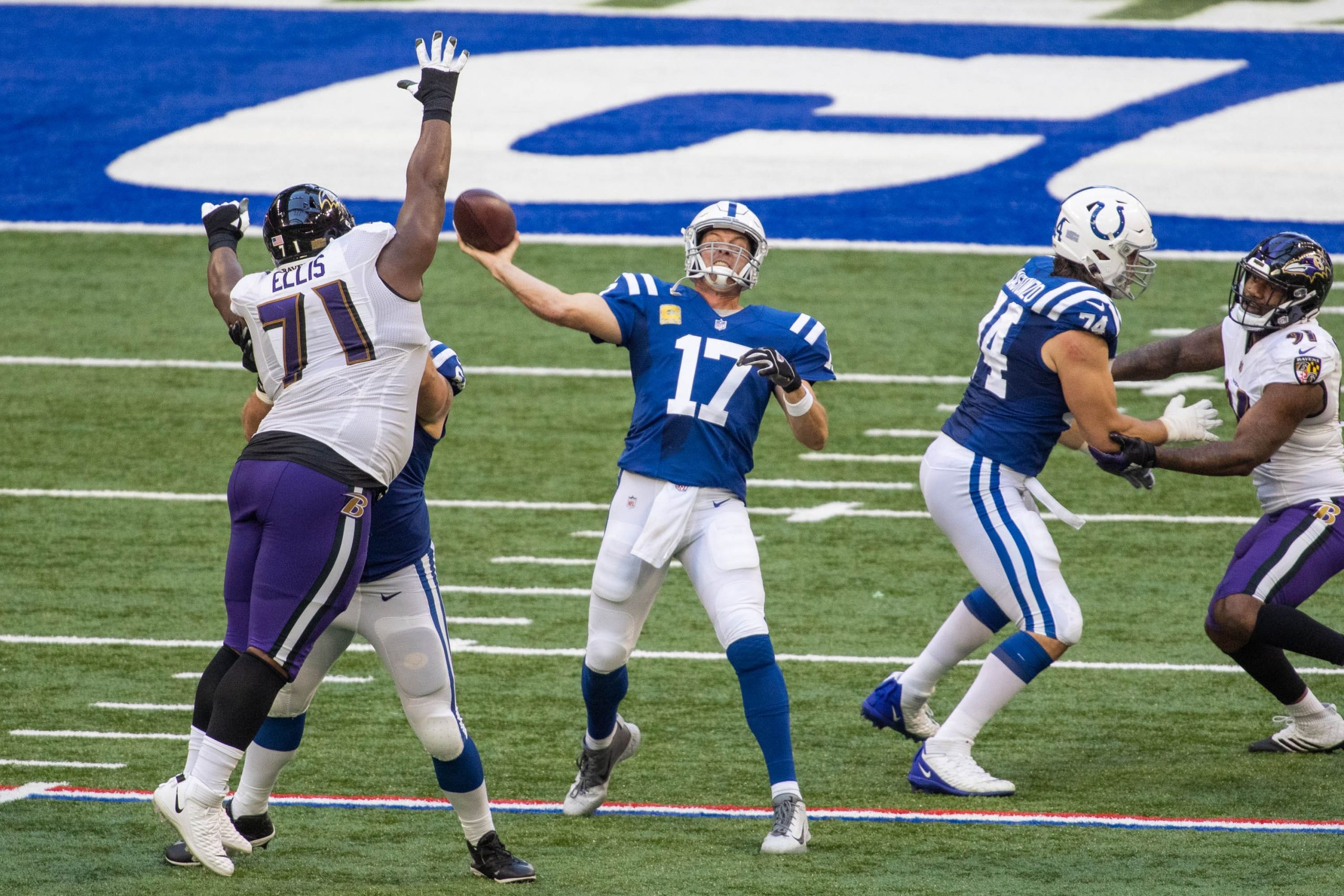 Indianapolis Colts quarterback Philip Rivers drops back to pass during loss to Baltimore Ravens