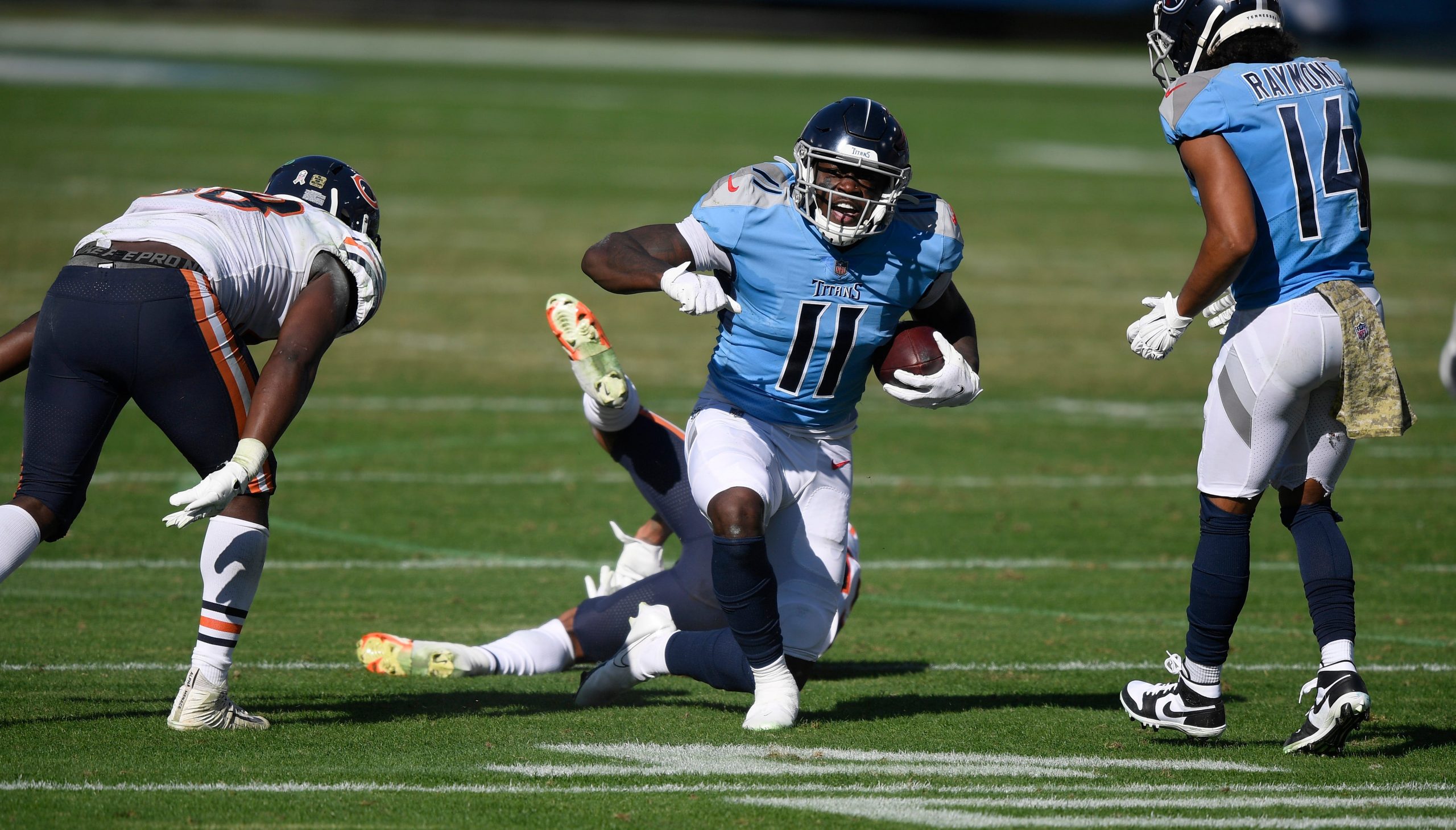 Tennessee Titans wide receiver A.J. Brown celebrates after picking up a first down in win over Chicago Bears