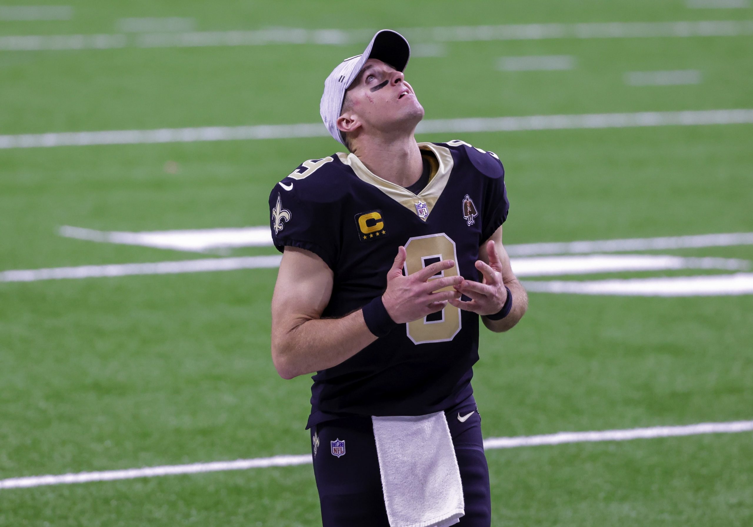 New Orleans Saints quarterback Drew Brees looks up at the video board during win over 49ers