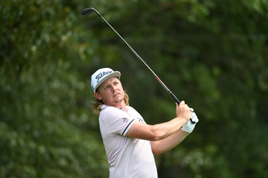 Cameron Smith watches his tee shot on the 3rd hole during the second round of the Tour Championship golf tournament.