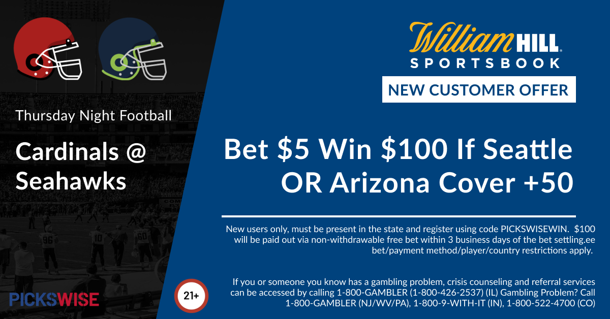 Bet 5, Win 100 if the Cardinals or Seahawks cover +50 on Thursday