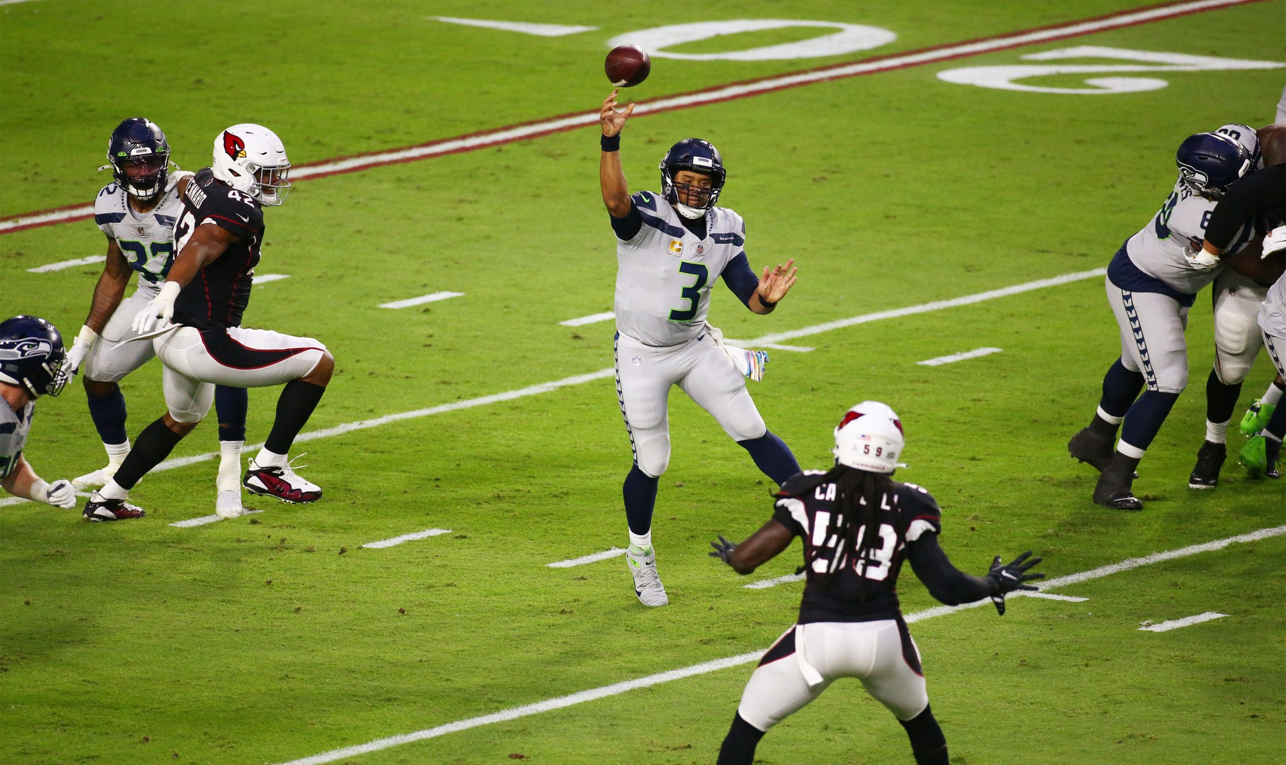 Seattle Seahawks quarterback Russell Wilson throws a pass during loss to Arizona Cardinals