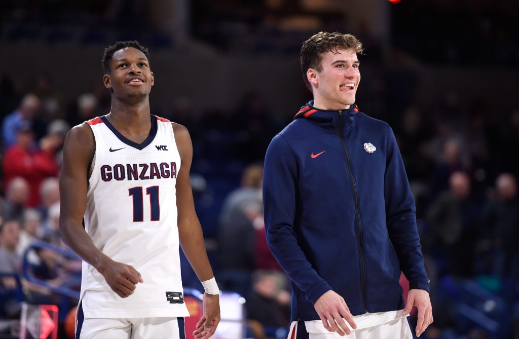 Corey Kispert and Joel Ayayi of the Gonzaga Bulldogs