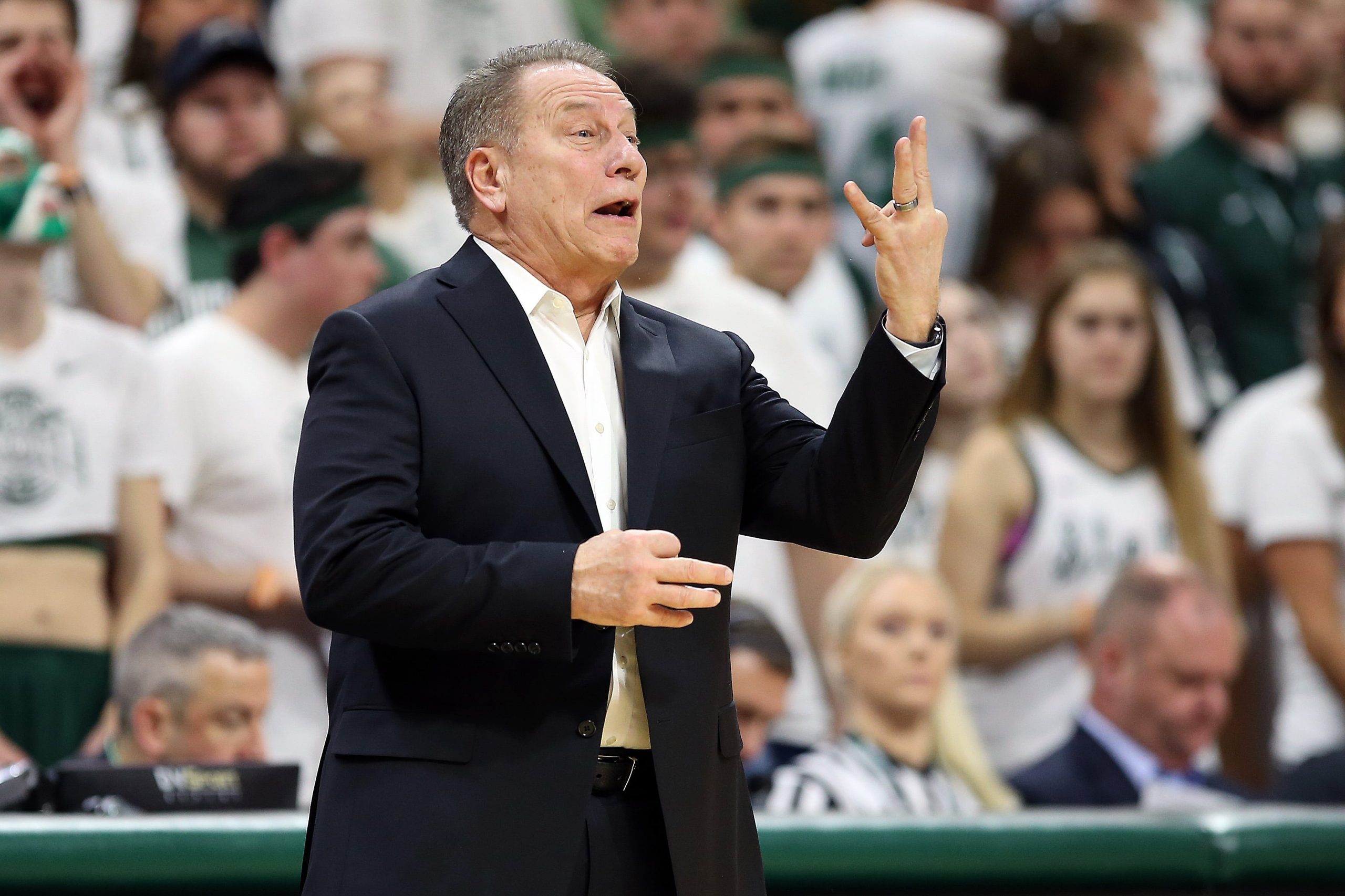 Michigan State basketball coach Tom Izzo gestures during game against Ohio State