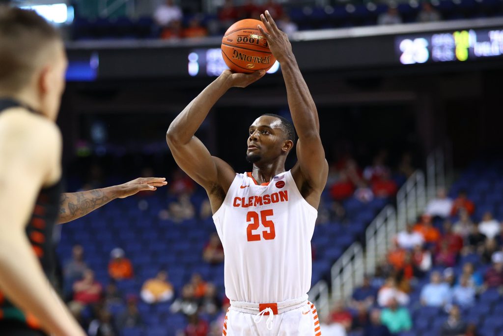 Clemson Tigers forward Aamir Simms shoots during game against Miami