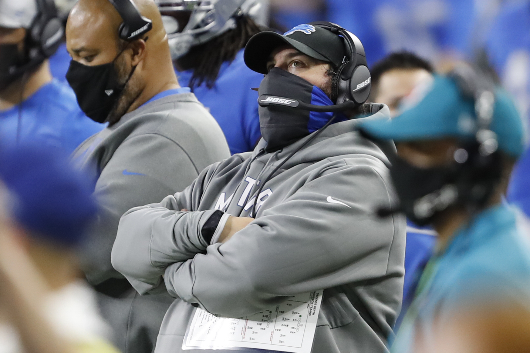 Detroit Lions head coach Matt Patricia looks up during the second quarter against the Houston Texans at Ford Field.