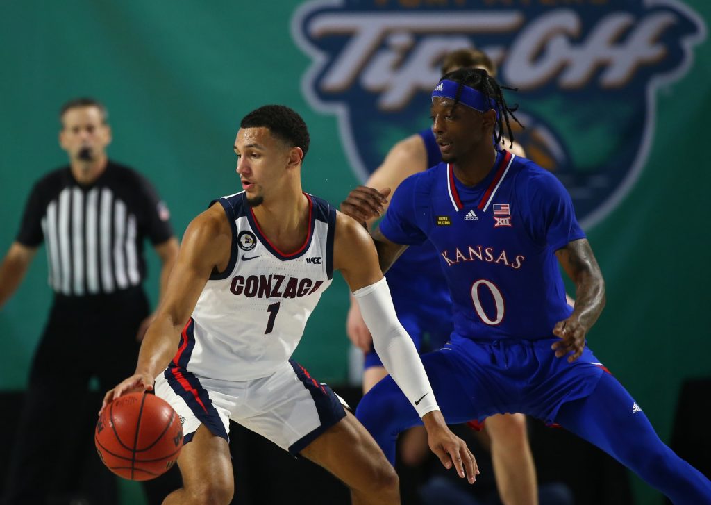 Jalen Suggs of Gonzaga and Marcus Garrett of Kansas