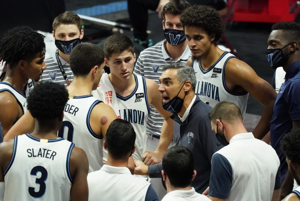 Head coach Jay Wright talks to the Villanova Wildcats