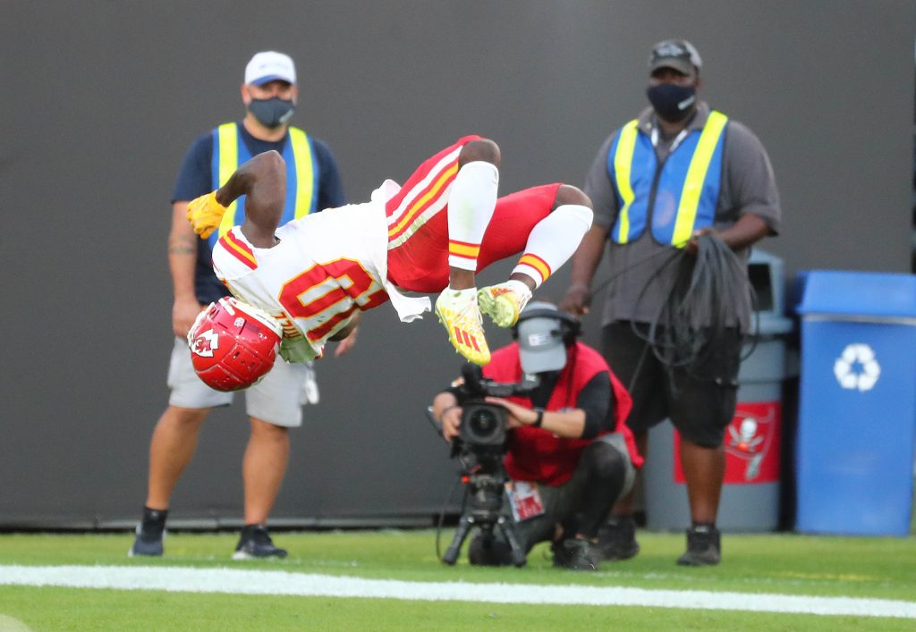 Kansas City Chiefs wide receiver Tyreek Hill (10) celebrates his touchdown scored with a back flip against the Tampa Bay Buccaneers during the first half at Raymond James Stadium.