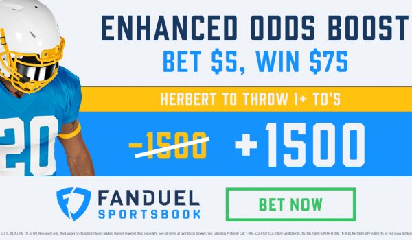 Bet $5, Win $75 if Justin Herbert throws a touchdown pass!