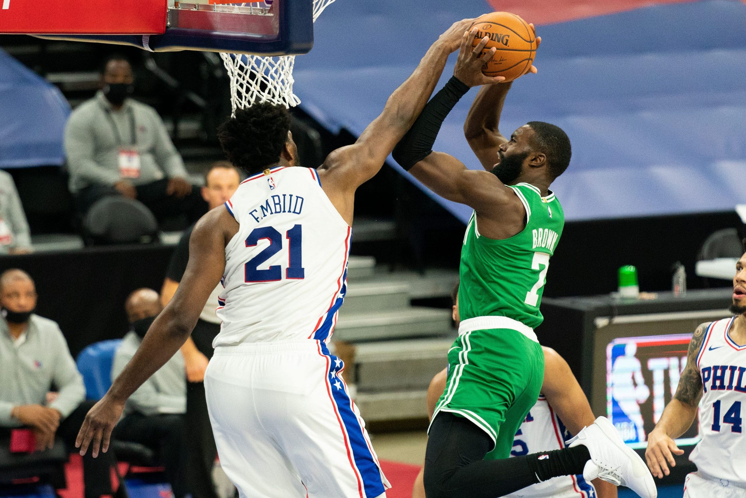 Joel Embiid of the Philadelphia 76ers and Jaylen Brown of the Boston Celtics