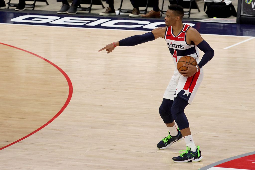 Washington Wizards guard Russell Westbrook gestures during preseason game against Detroit Pistons