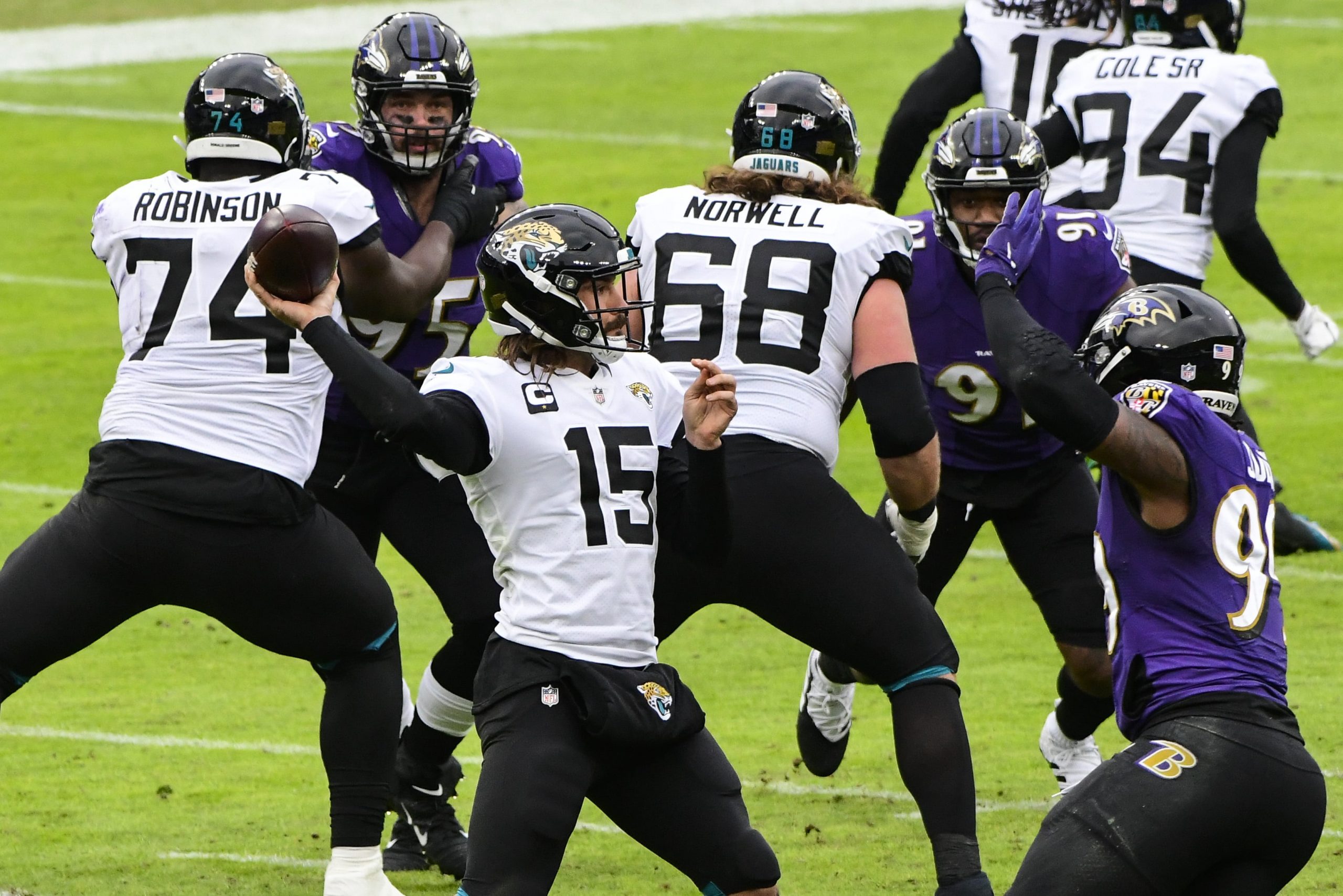 Jacksonville Jaguars quarterback Gardner Minshew II (15) looks to throw during the game against the Baltimore Ravens at M&T Bank Stadium.