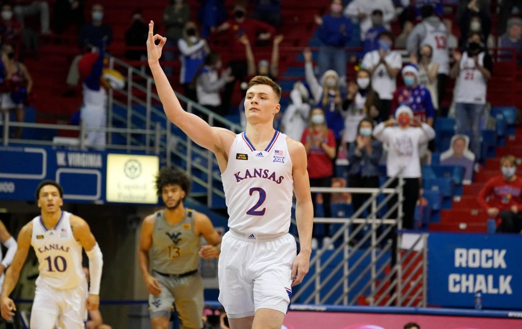 Kansas Jayhawks guard Christian Braun celebrates after making a three-pointer in win over West Virginia