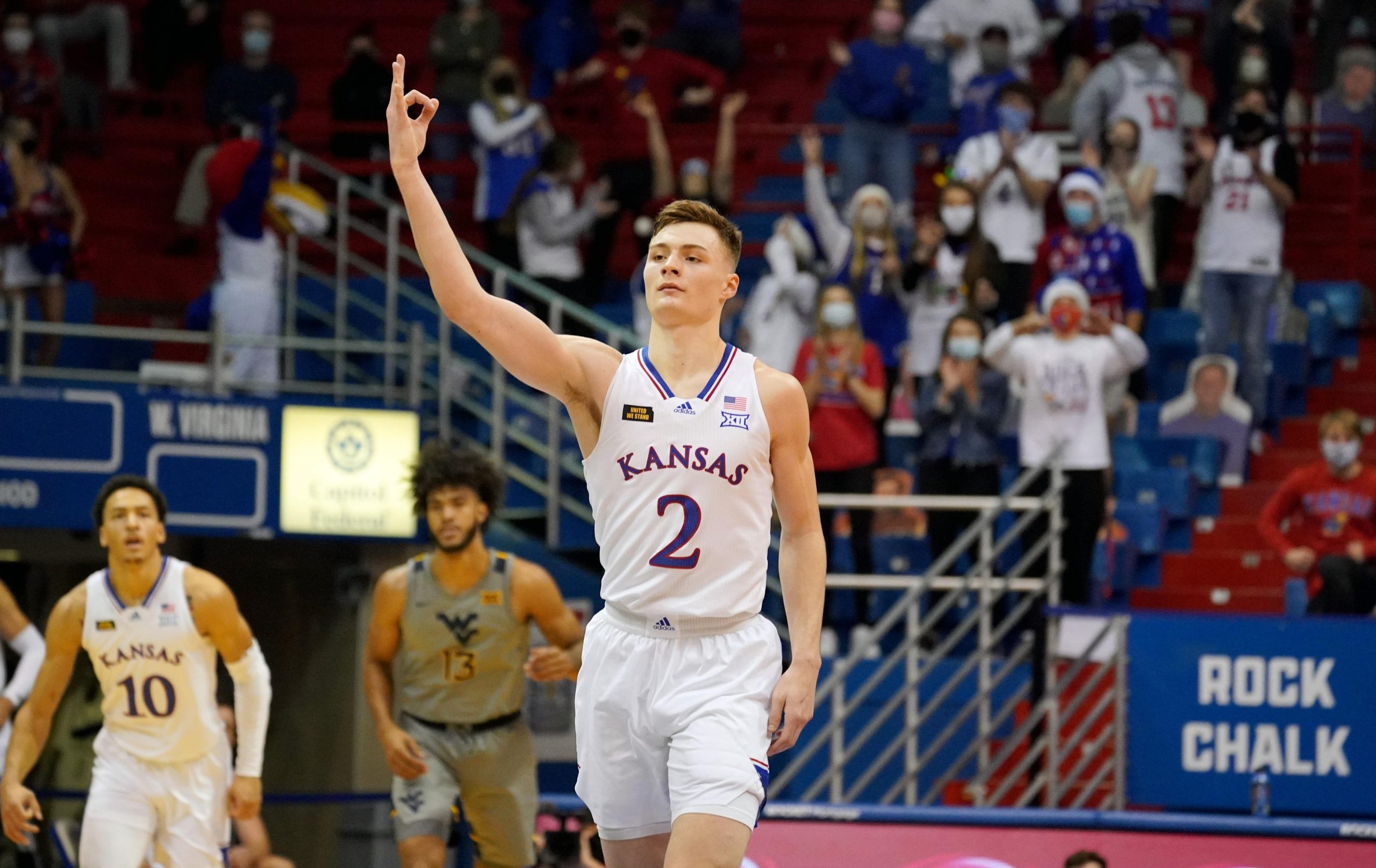 Kansas Jayhawks guard Christian Braun celebrates after making a three-pointer in win over West Virginia