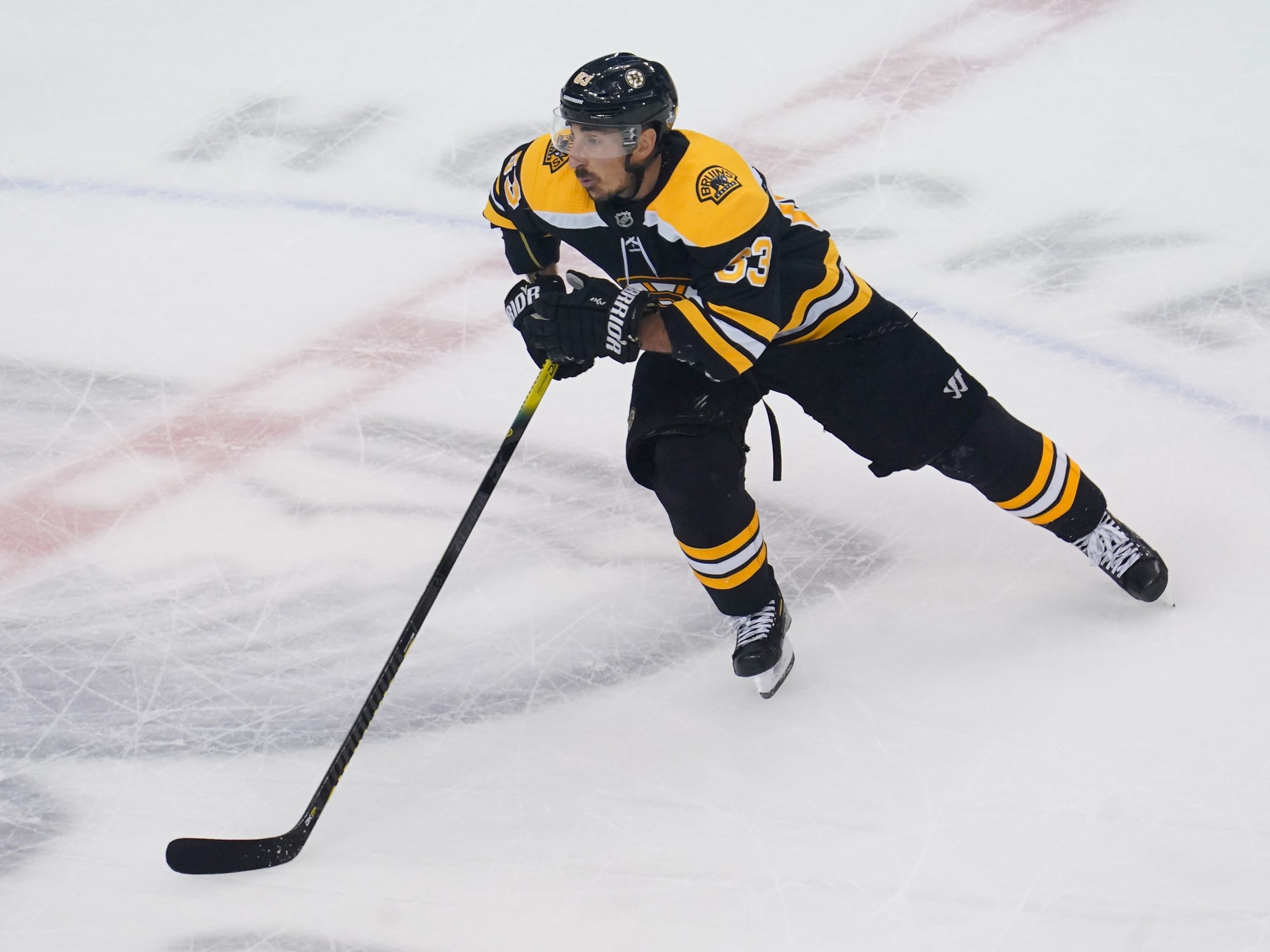 Aug 29, 2020; Toronto, Ontario, CAN; Boston Bruins forward Brad Marchand (63) skates against the Tampa Bay Lightning in game four of the second round of the 2020 Stanley Cup Playoffs at Scotiabank Arena.