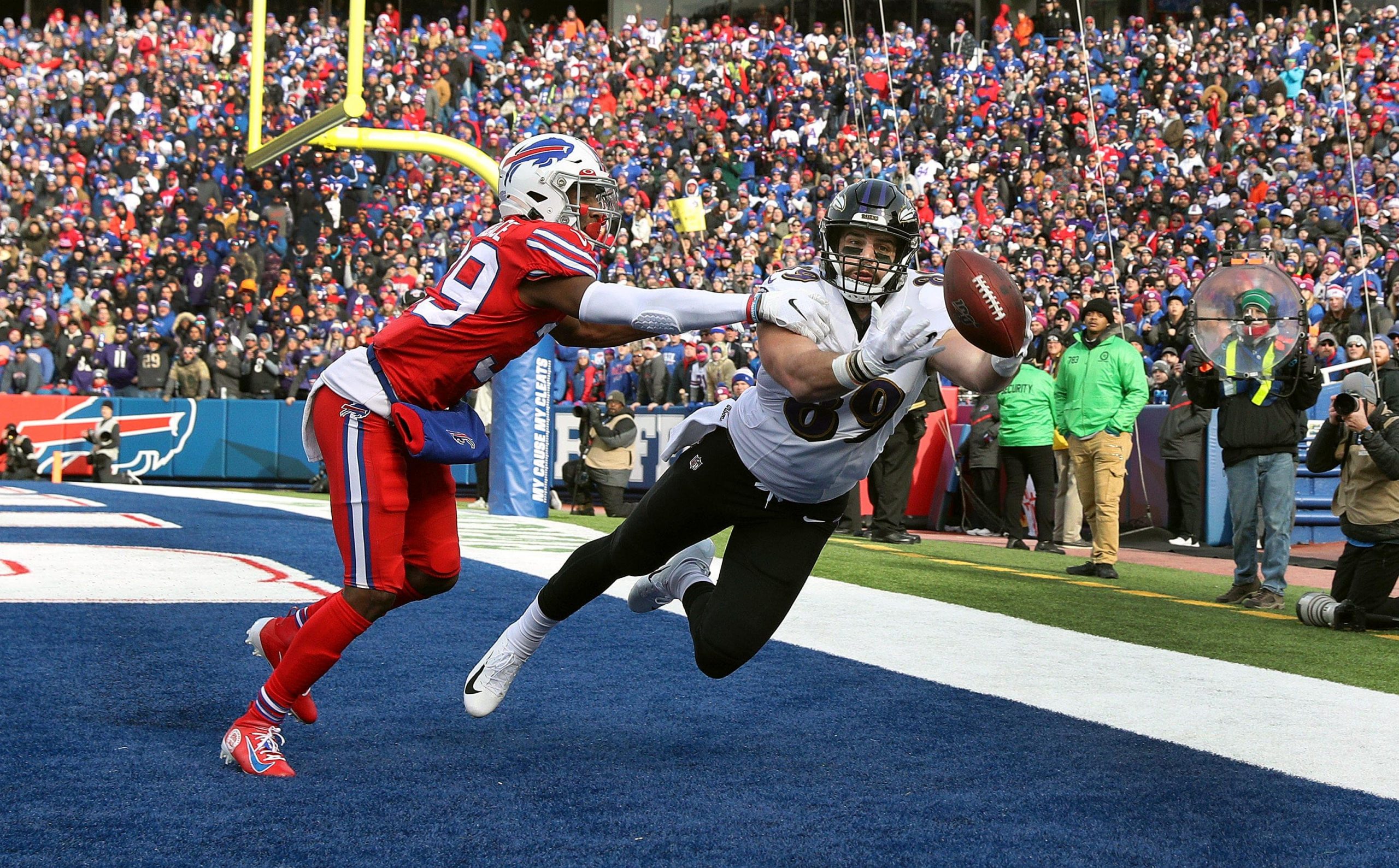 Ravens tight end Mark Andrews can't make this catch in the end zone while being covered by Bills Levi Wallace