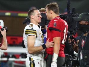 New Orleans Saints quarterback Drew Brees (9) and Tampa Bay Buccaneers quarterback Tom Brady (12) greet after the game at Raymond James Stadium.