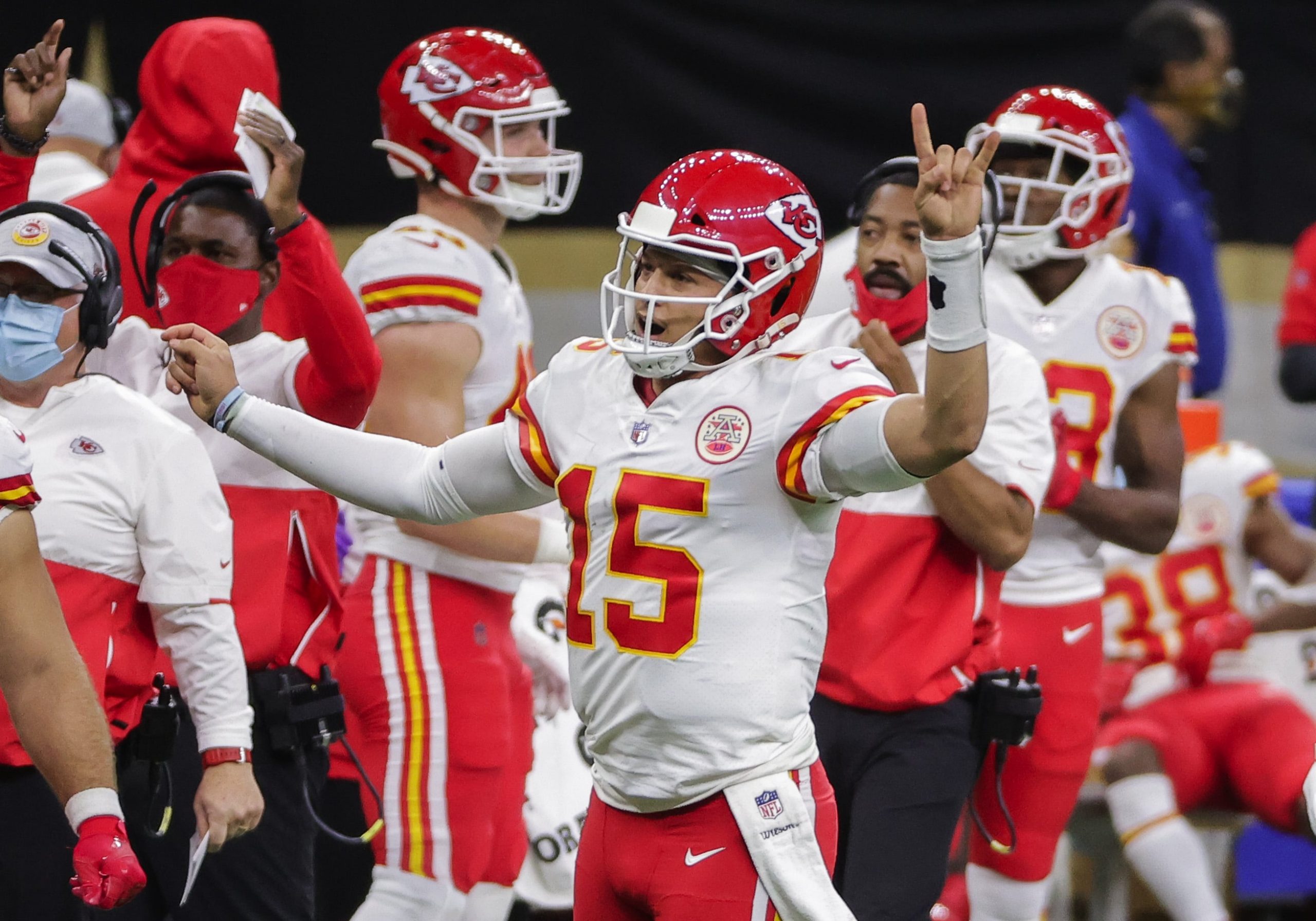 Kansas City Chiefs quarterback Patrick Mahomes (15) celebrates after a score against the New Orleans Saints during the second half at the Mercedes-Benz Superdome.