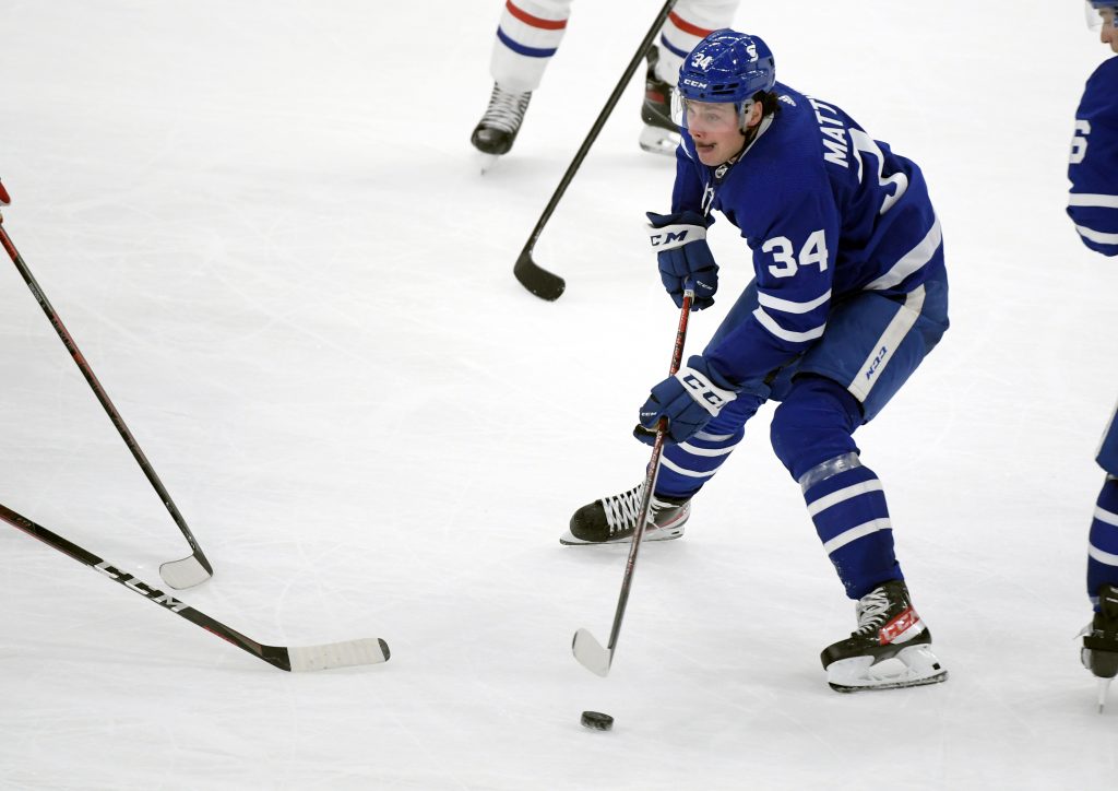 Jan 13, 2021; Toronto, Ontario, CAN; Toronto Maple Leafs center Auston Matthews (34) skates with the puck against the Montreal Canadiens at Scotiabank Arena.