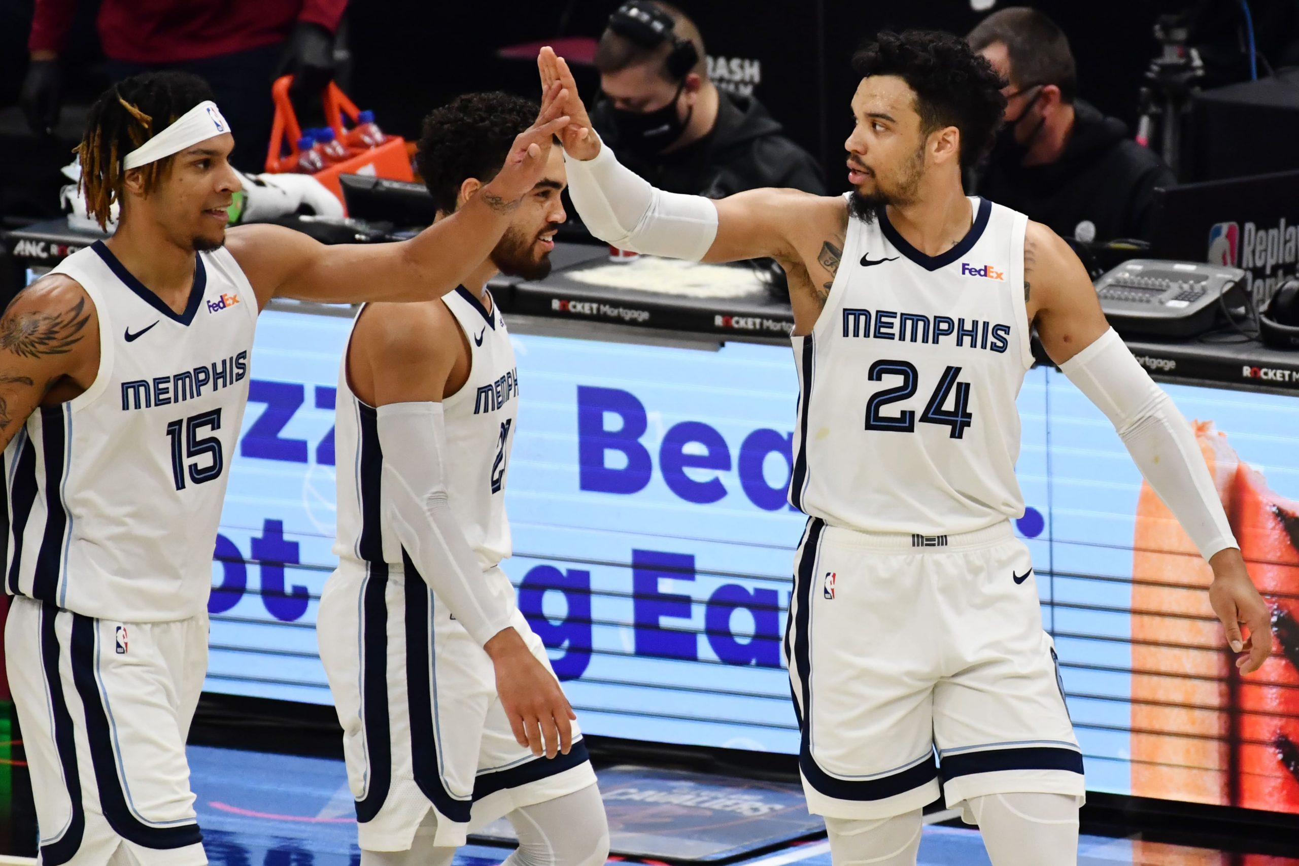 Memphis Grizzlies guard Dillon Brooks and forward Brandon Clarke celebrate during win over Cavaliers