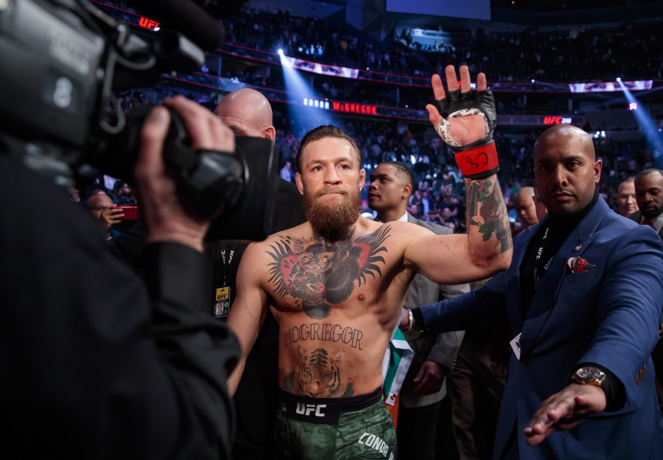 January 18, 2020; Las Vegas, Nevada, USA; Conor McGregor celebrates his first round TKO victory against Donald Cerrone following UFC 246 at T-Mobile Arena.