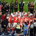 San Francisco 49ers and Kansas City Chiefs stand on the 50 yard line for the coin toss prior to the game between the San Francisco 49ers and the Kansas City Chiefs in Super Bowl LIV at Hard Rock Stadium.