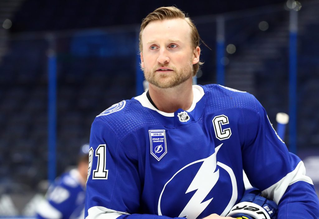 Jan 13, 2021; Tampa, Florida, USA; Tampa Bay Lightning center Steven Stamkos (91) works out prior to the game against the Chicago Blackhawks at Amalie Arena.