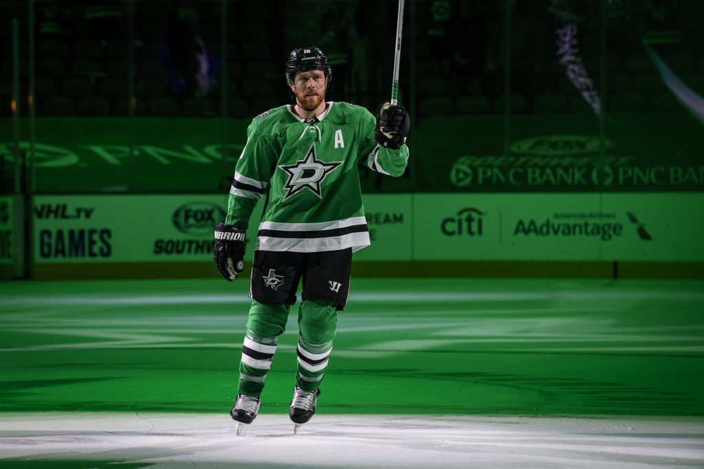Jan 22, 2021; Dallas, Texas, USA; Dallas Stars center Joe Pavelski (16) is named the number one star in the win over the Nashville Predators at the American Airlines Center.