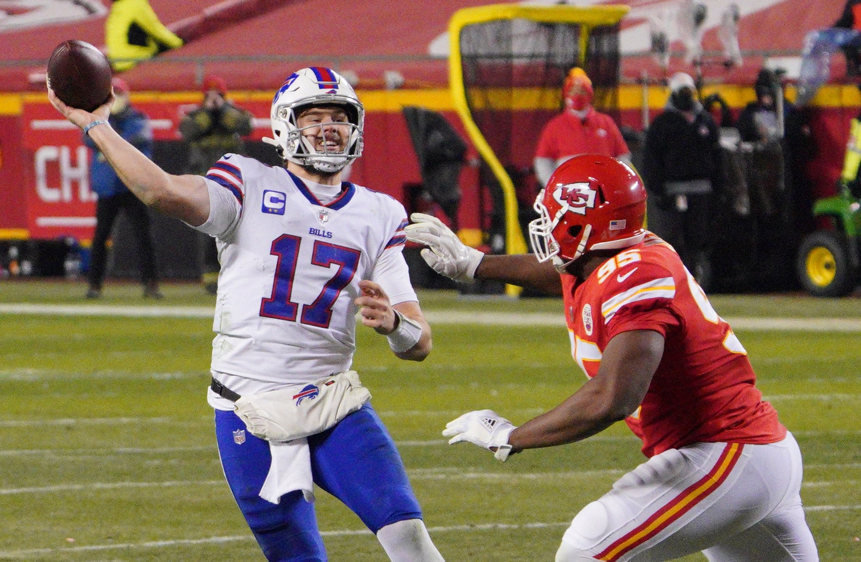 Buffalo Bills quarterback Josh Allen drops back to pass during loss to Chiefs in AFC Championship Game
