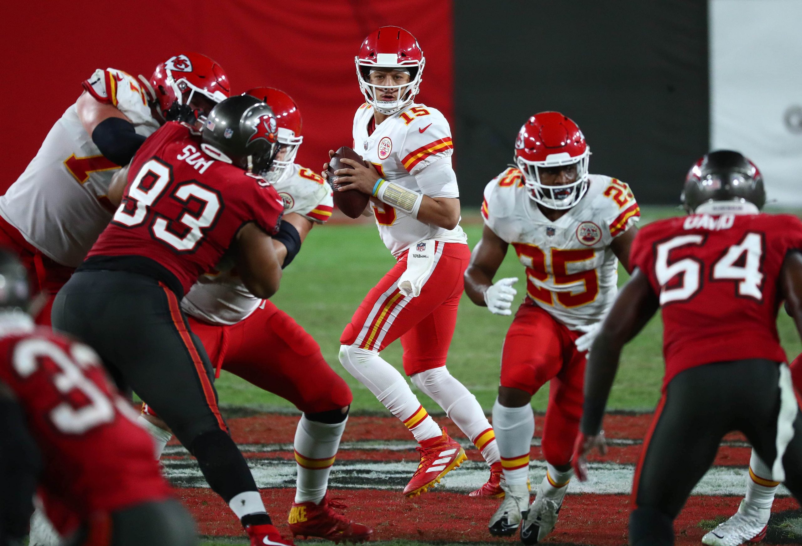 Kansas City Chiefs quarterback Patrick Mahomes (15) drops back to pass against the Tampa Bay Buccaneers during the second half at Raymond James Stadium.