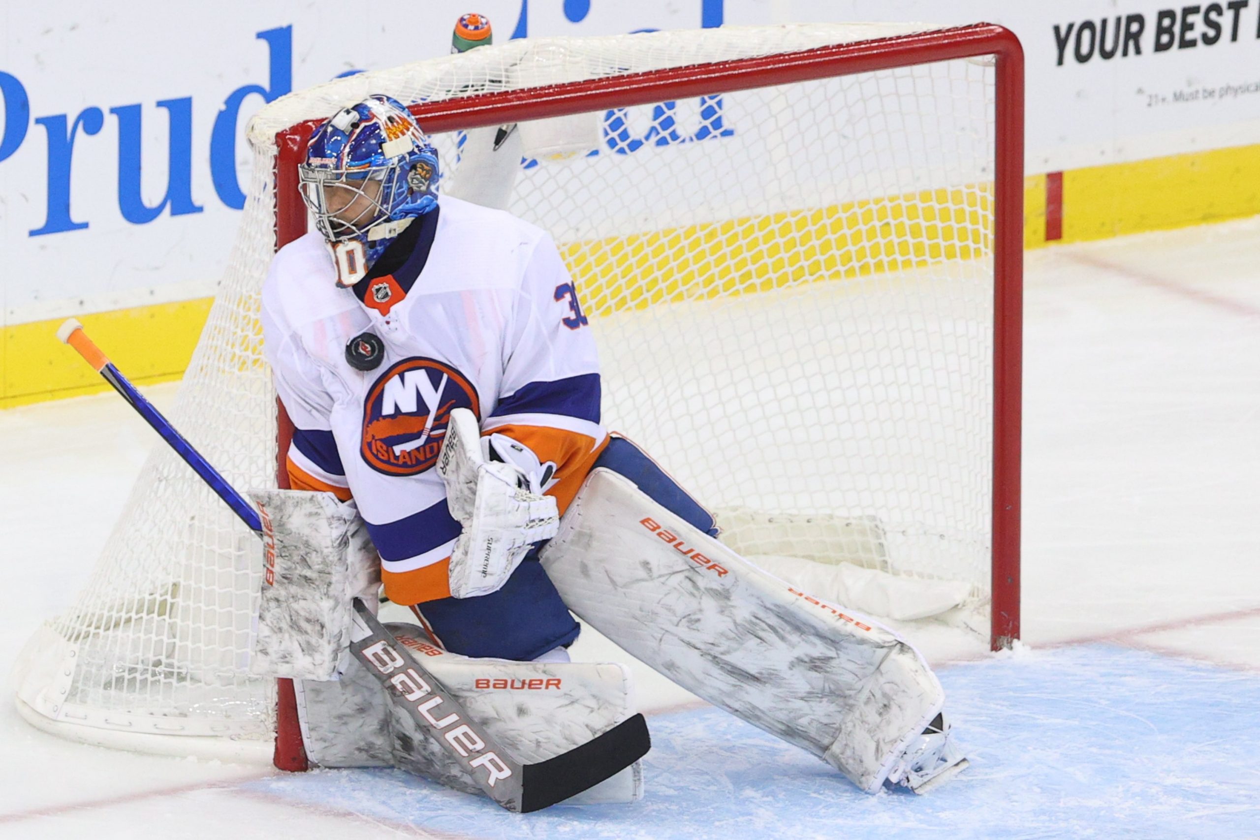 New York Islanders goalie Ilya Sorokin makes a save during game against New Jersey Devils
