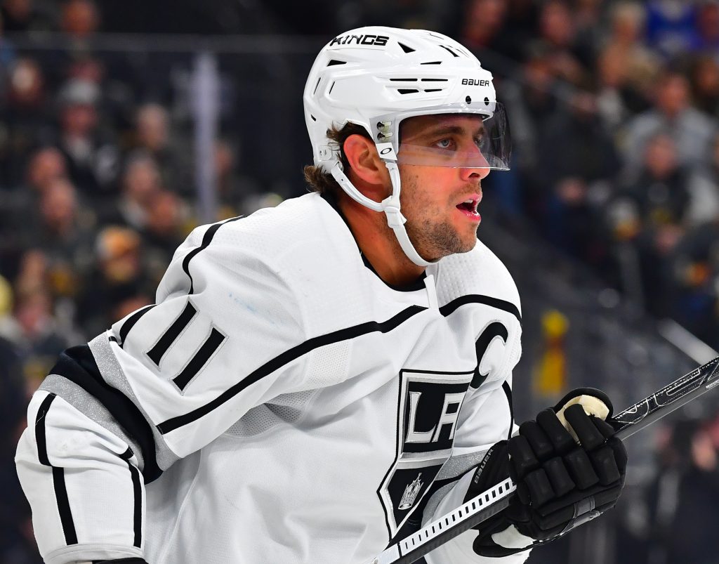 Mar 1, 2020; Las Vegas, Nevada, USA; Los Angeles Kings center Anze Kopitar (11) looks on during the first period against the Vegas Golden Knights at T-Mobile Arena.