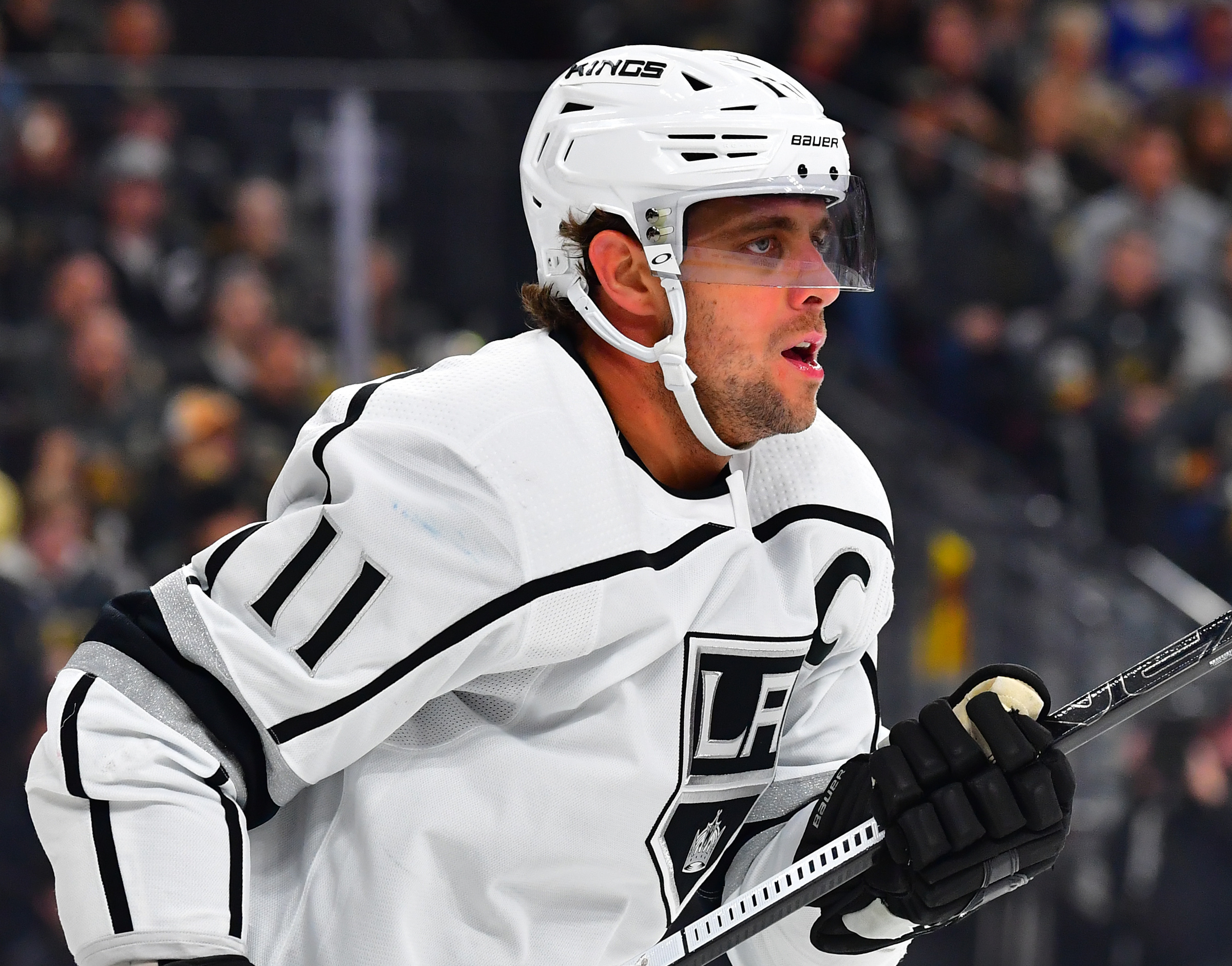 Mar 1, 2020; Las Vegas, Nevada, USA; Los Angeles Kings center Anze Kopitar (11) looks on during the first period against the Vegas Golden Knights at T-Mobile Arena.