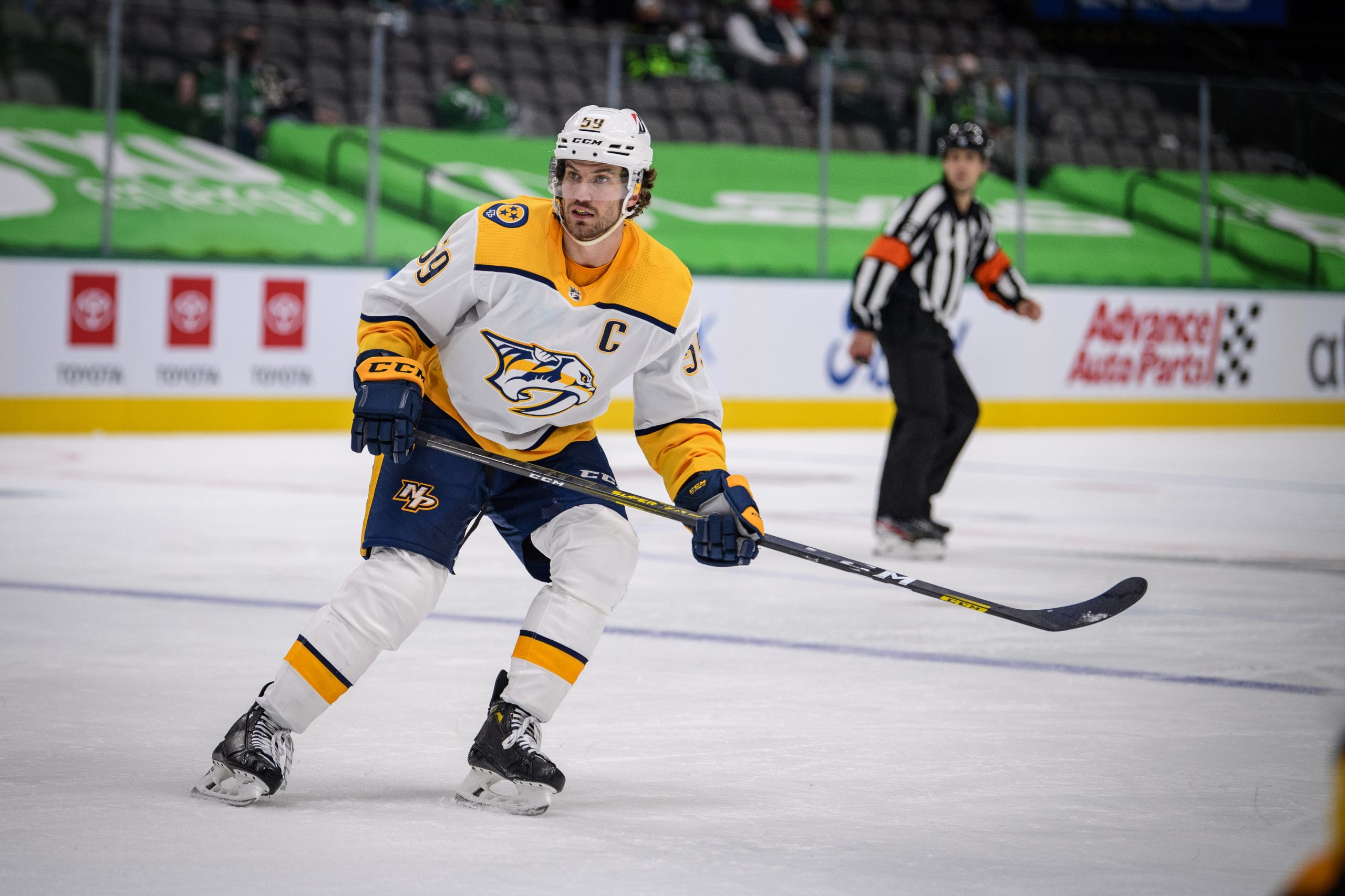Jan 22, 2021; Dallas, Texas, USA; Nashville Predators defenseman Roman Josi (59) in action during the game between the Dallas Stars and the Nashville Predators at the American Airlines Center.