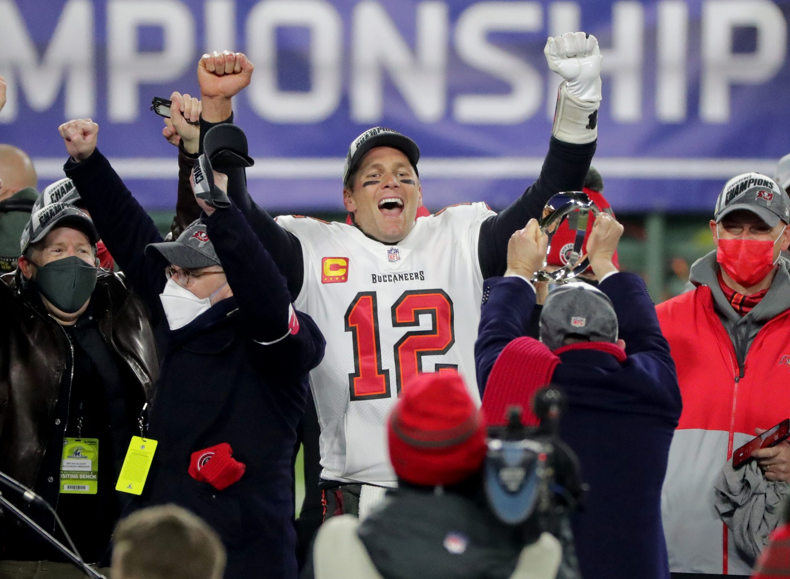 Tampa Bay Buccaneers quarterback Tom Brady celebrates NFC Championship Game win over Green Bay Packers