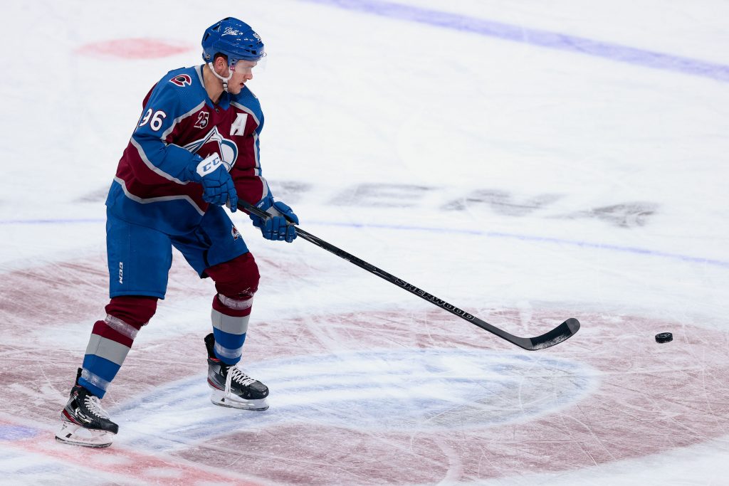 Jan 15, 2021; Denver, Colorado, USA; Colorado Avalanche right wing Mikko Rantanen (96) warms up before the game against the St. Louis Blues at Ball Arena.