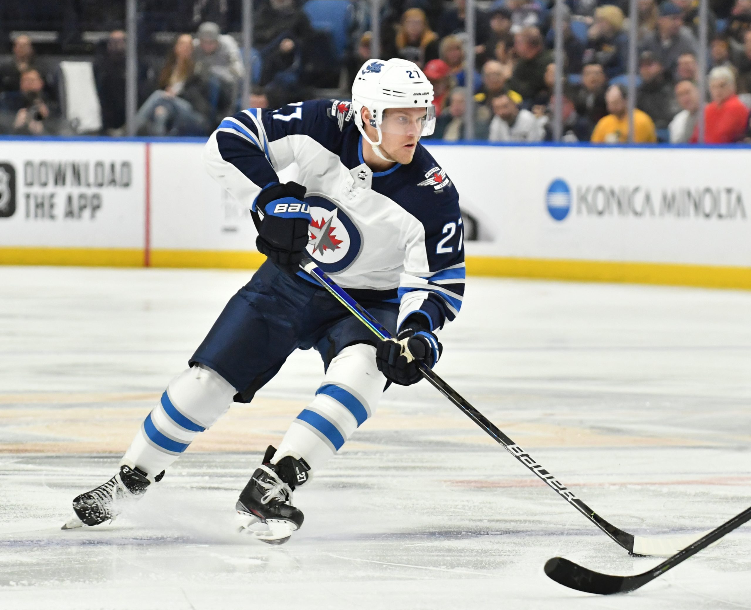 Feb 23, 2020; Buffalo, New York, USA; Winnipeg Jets left wing Nikolaj Ehlers (27) handles the puck against the Buffalo Sabres in the first period at KeyBank Center.
