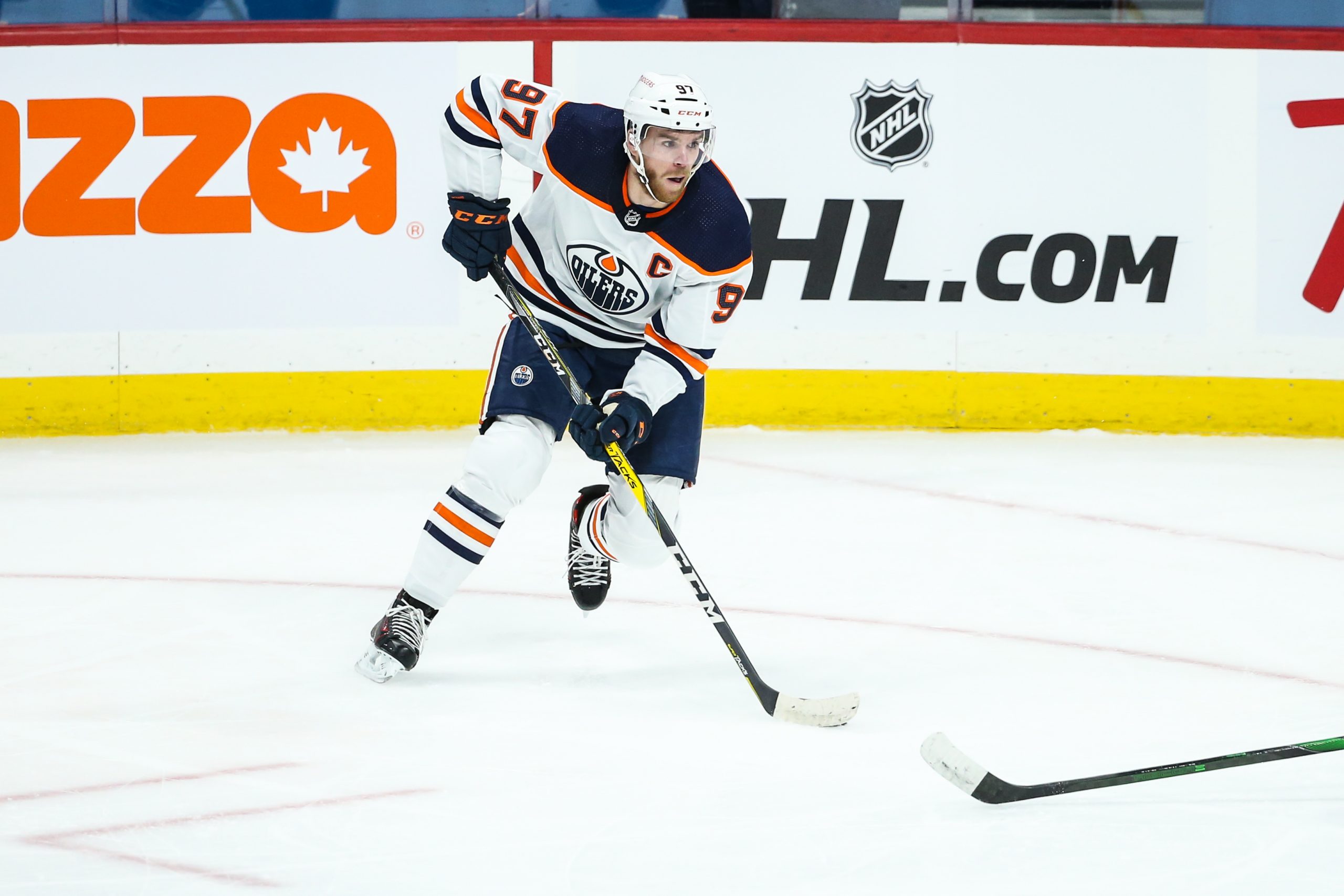 Jan 24, 2021; Winnipeg, Manitoba, CAN; Edmonton Oilers forward Connor McDavid (97) skates towards the Winnipeg Jets net during the first period at Bell MTS Place.