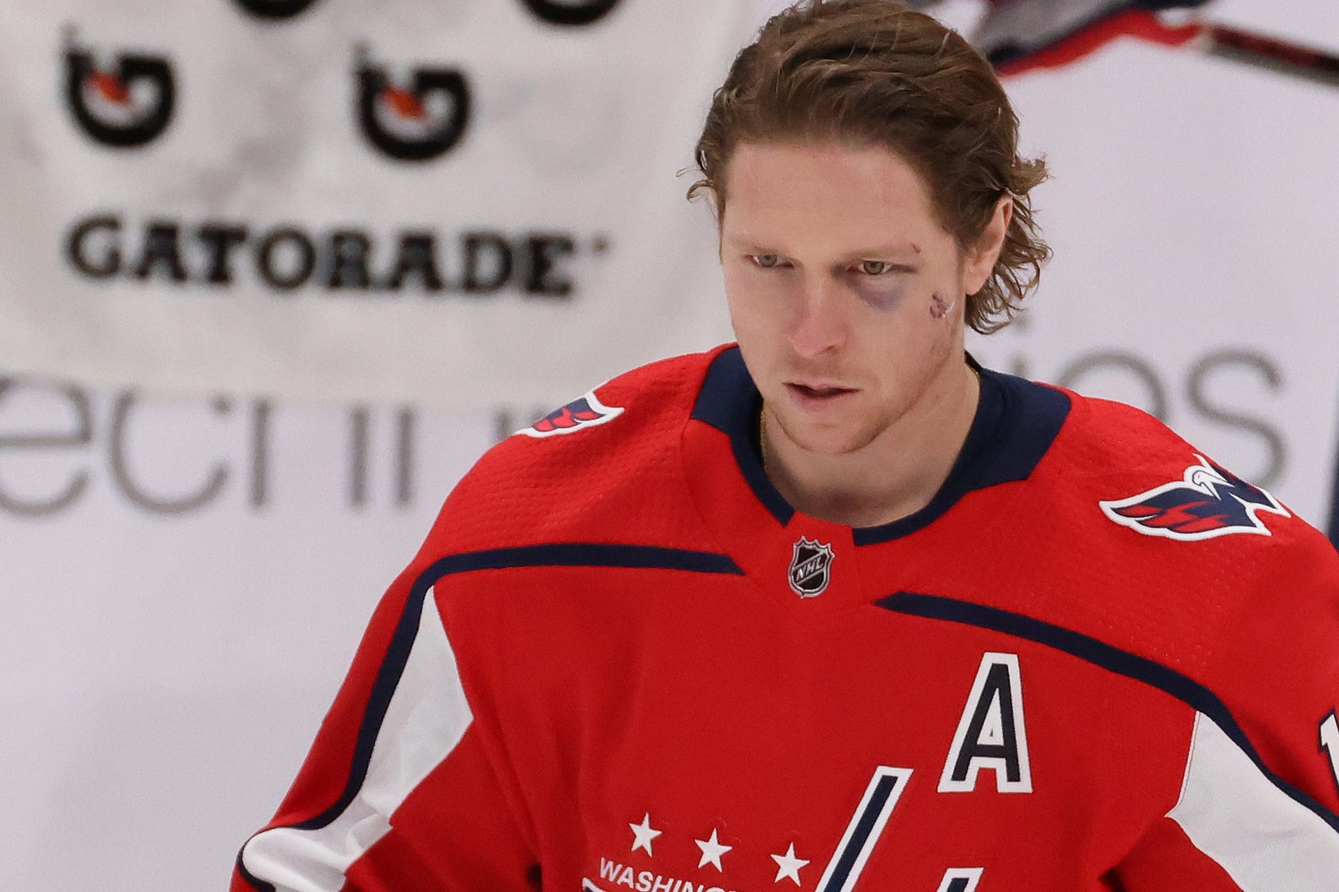 Jan 28, 2021; Washington, District of Columbia, USA; Washington Capitals center Nicklas Backstrom (19) stars on the ice during warm ups prior to the Capitals' game against the New York Islanders at Capital One Arena.