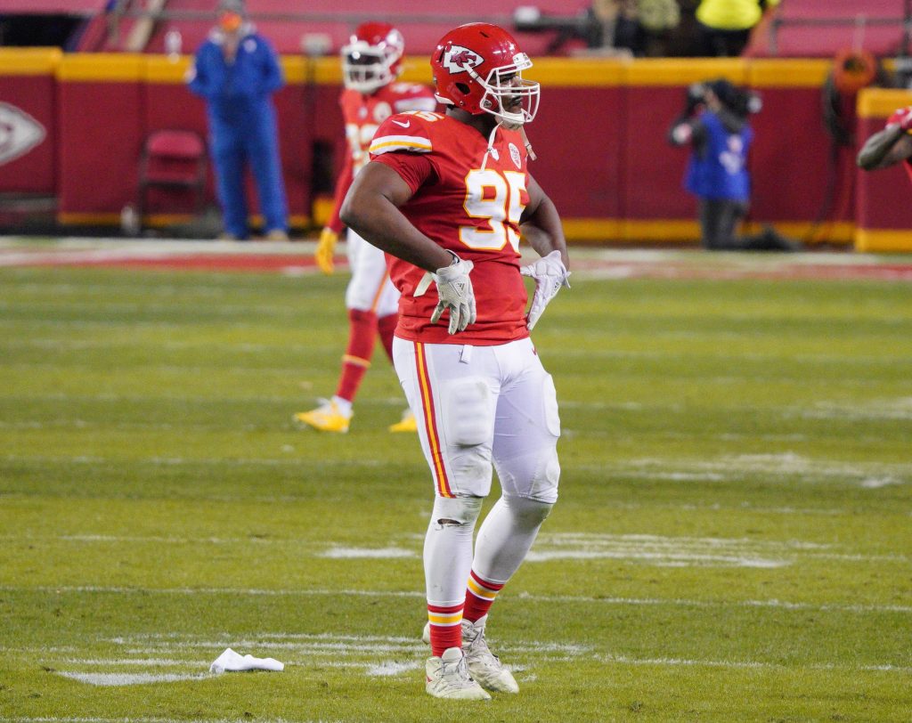 Kansas City Chiefs defensive tackle Chris Jones celebrates during AFC Championship Game win over Buffalo Bills