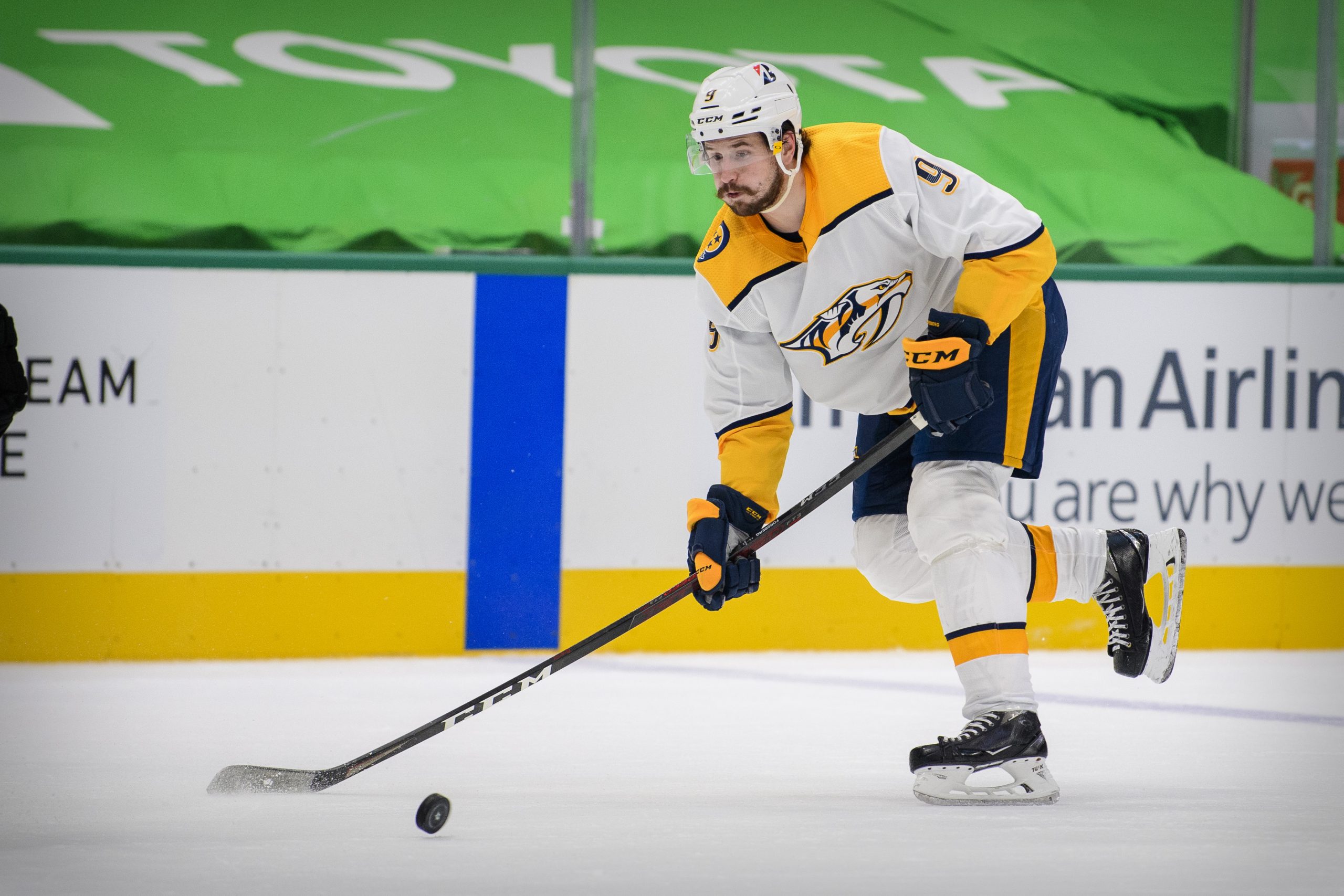 Jan 24, 2021; Dallas, Texas, USA; Nashville Predators left wing Filip Forsberg (9) in action during the game between the Dallas Stars and the Nashville Predators at the American Airlines Center.