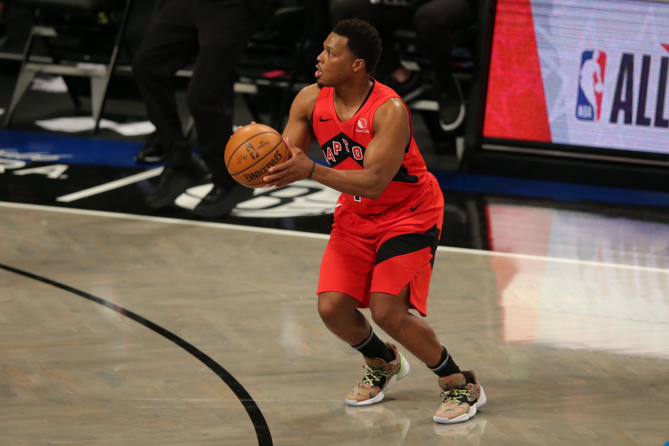 Toronto Raptors point guard Kyle Lowry (7) shoots a three point shot against the Brooklyn Nets during the fourth quarter at Barclays Center.