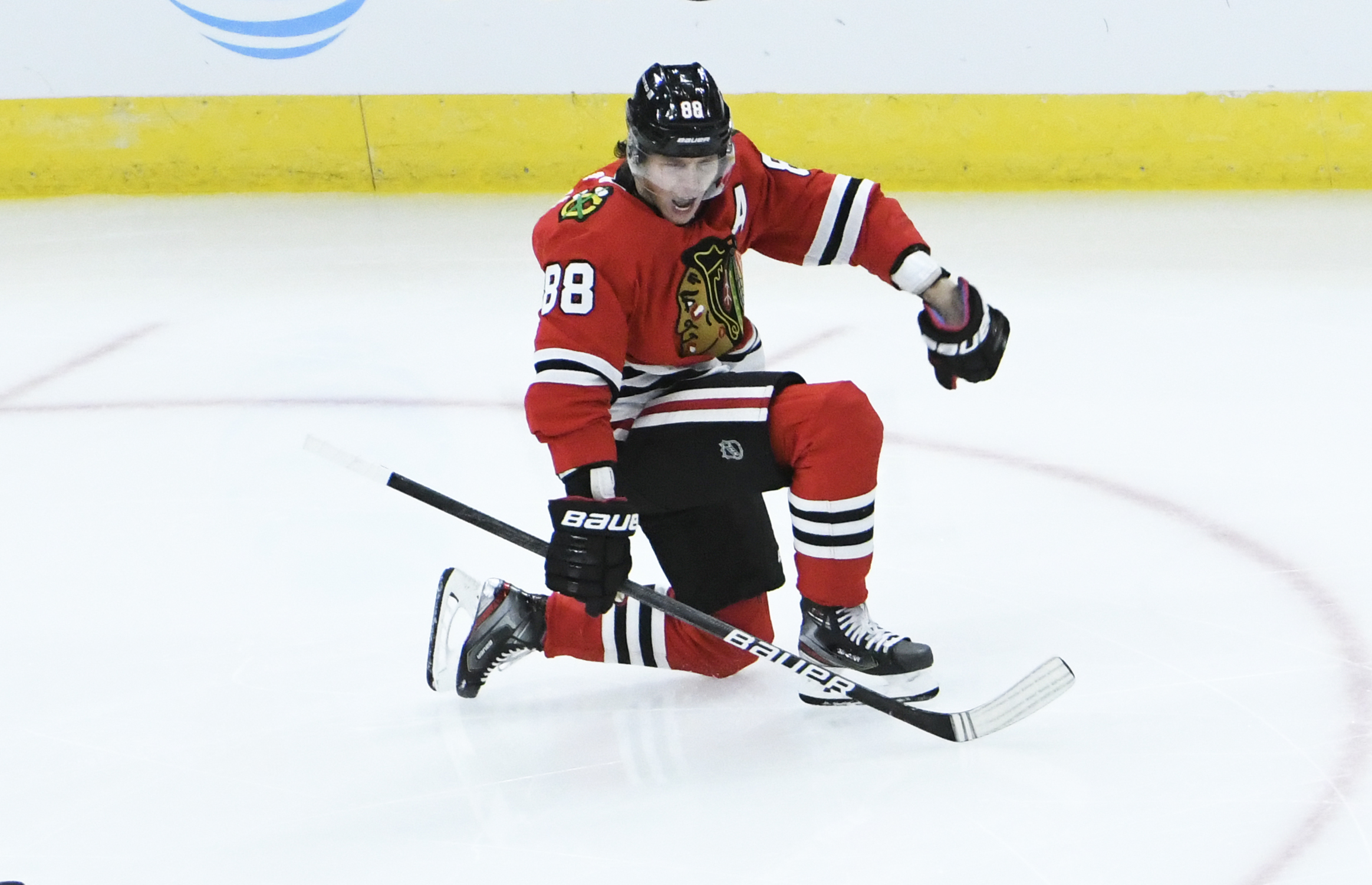 Feb 11, 2021; Chicago, Illinois, USA; Chicago Blackhawks right wing Patrick Kane (88) celebrates his goal against the Columbus Blue Jackets during the third period at United Center.