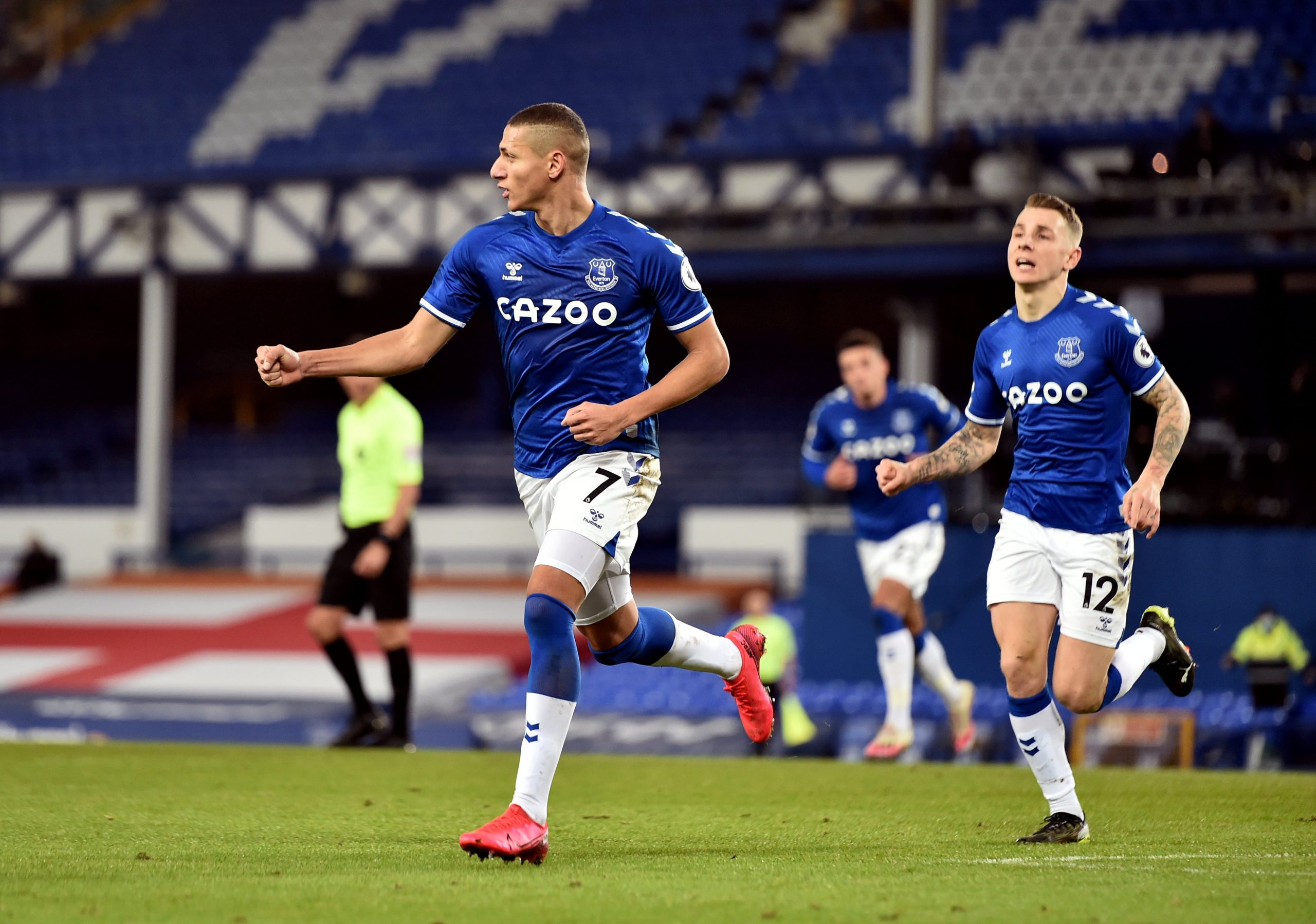 2/17/2021 - Everton's Richarlison celebrates scoring their sides first goal to level the score at 1-1 during the Premier League match at Goodison Park, Liverpool. Picture date: Wednesday February 17, 2021.