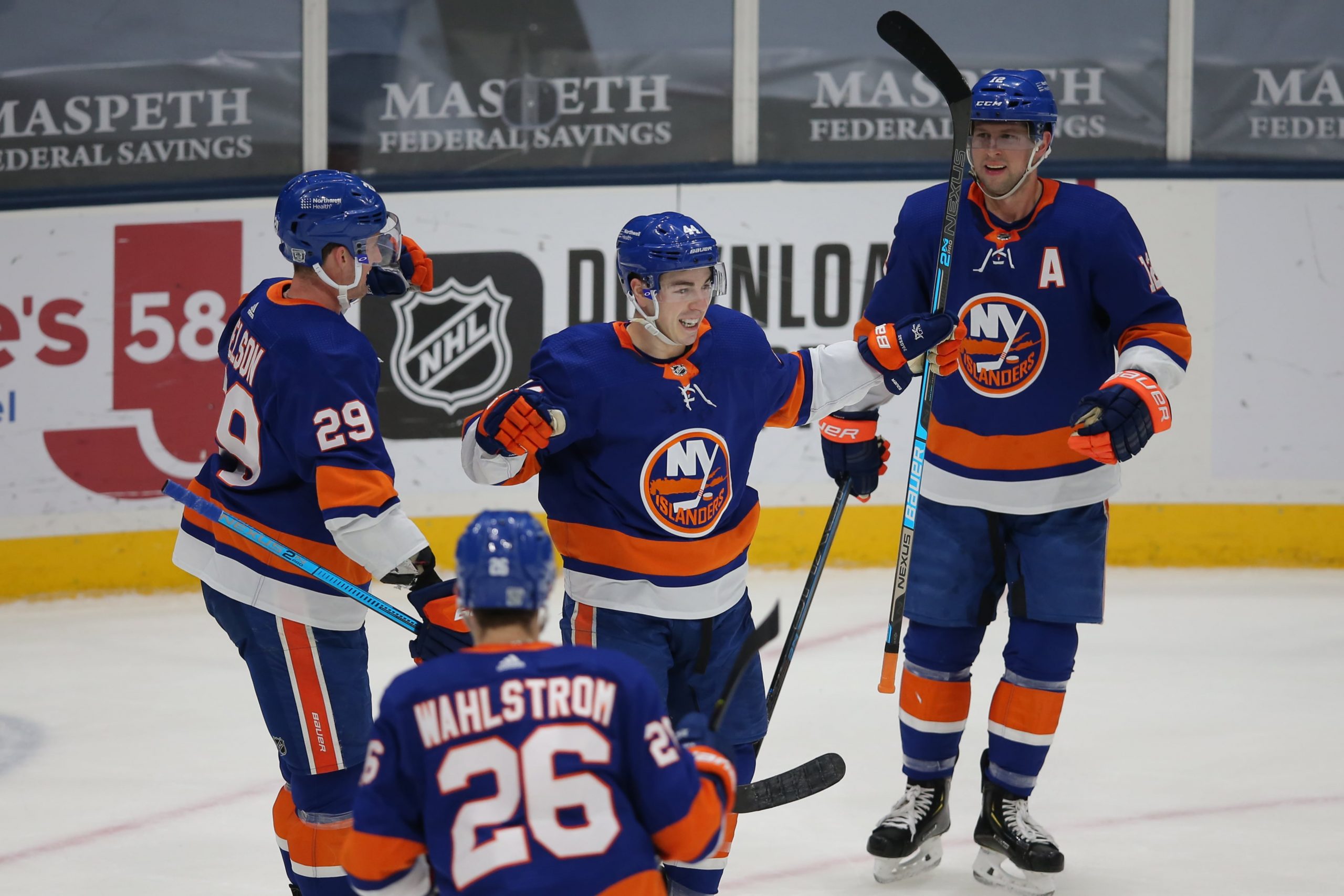 New York Islanders center Jean-Gabriel Pageau celebrates goal with teammates