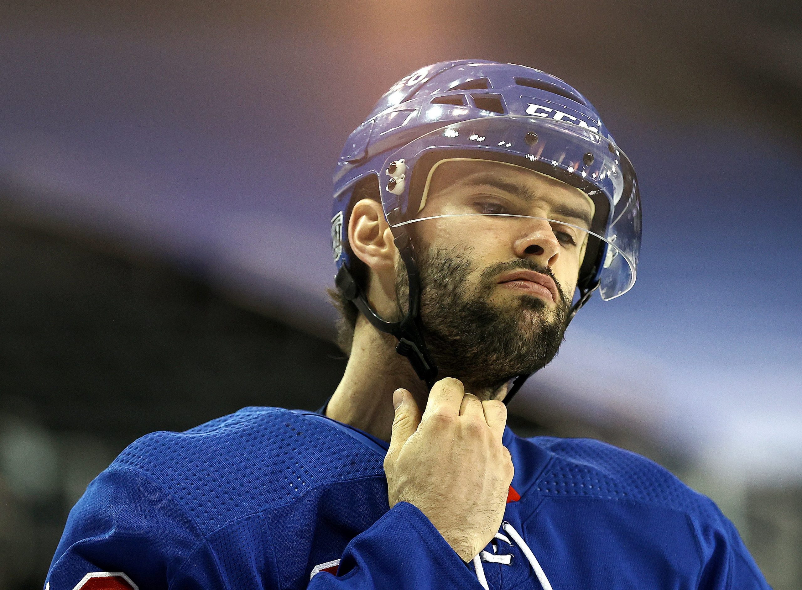Feb 16, 2021; New York, New York, USA; Colin Blackwell #43 of the New York Rangers skates during warm ups before the game against the New Jersey Devils during the first period at Madison Square Garden