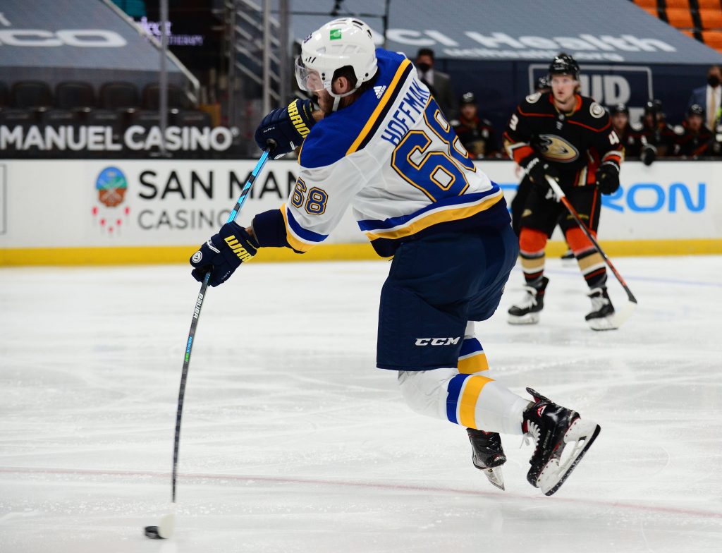 t. Louis Blues left wing Mike Hoffman shoots on goal