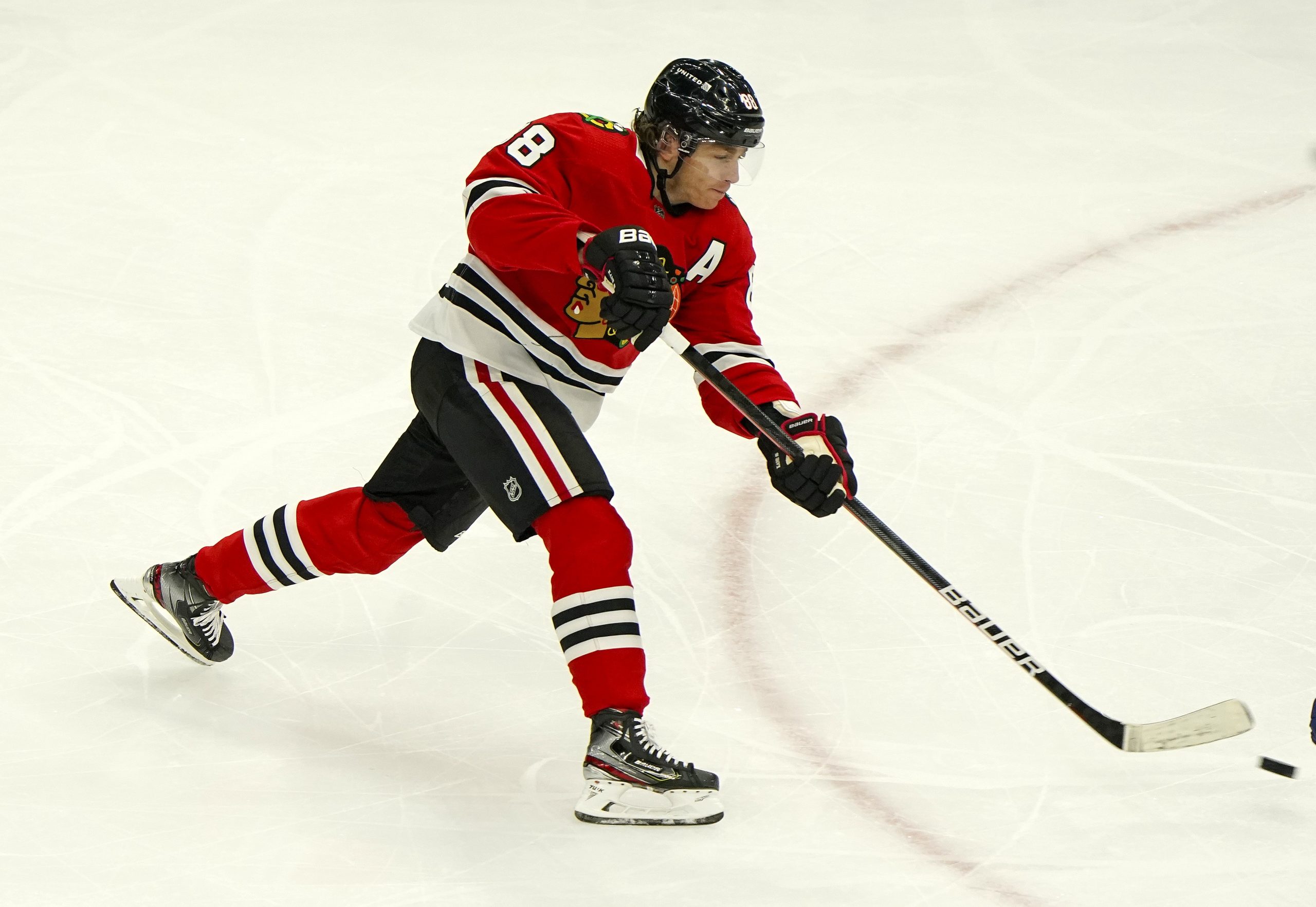 Chicago Blackhawks right wing Patrick Kane shoots the puck